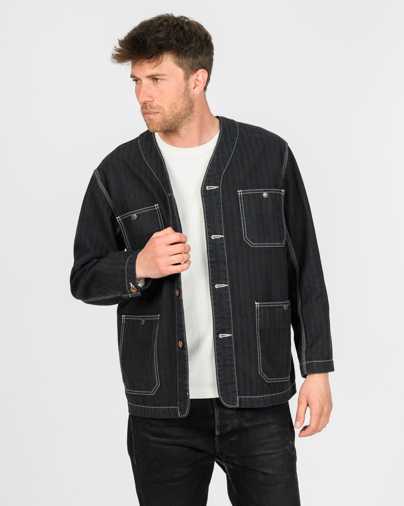 10.5oz Herringbone Collarless Chore Jacket - Black Overdyed Black