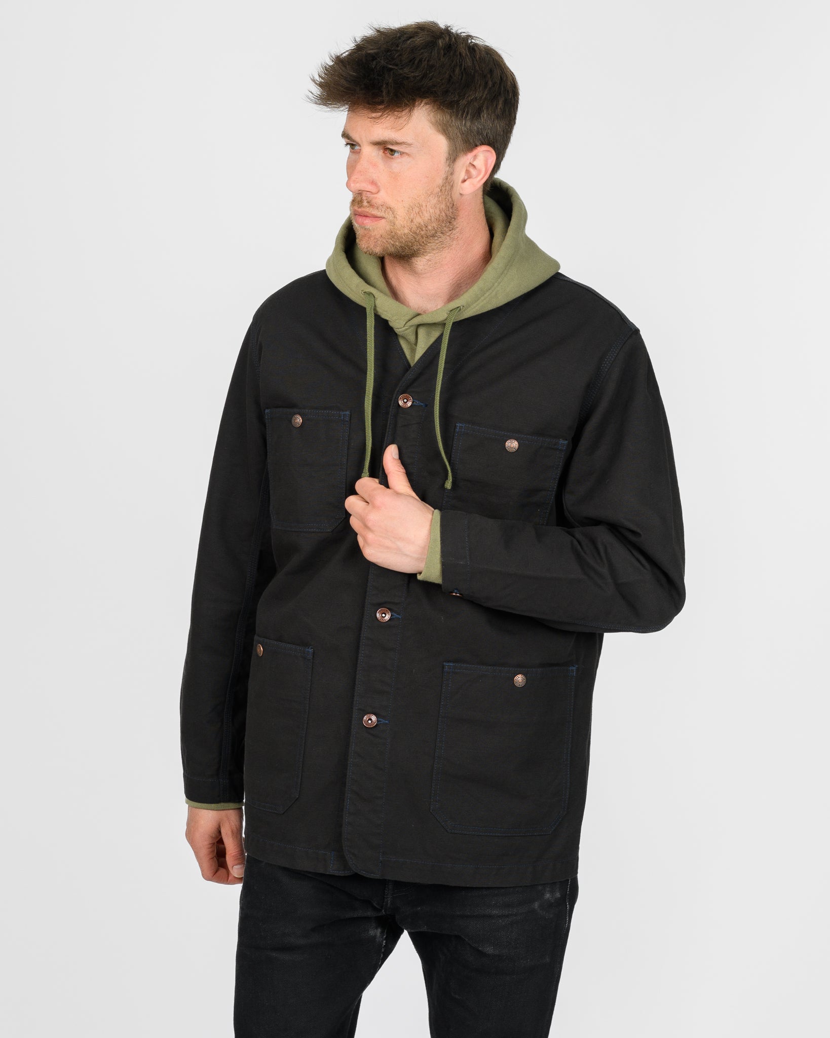 13.5oz Duck Collarless Chore Jacket - Black