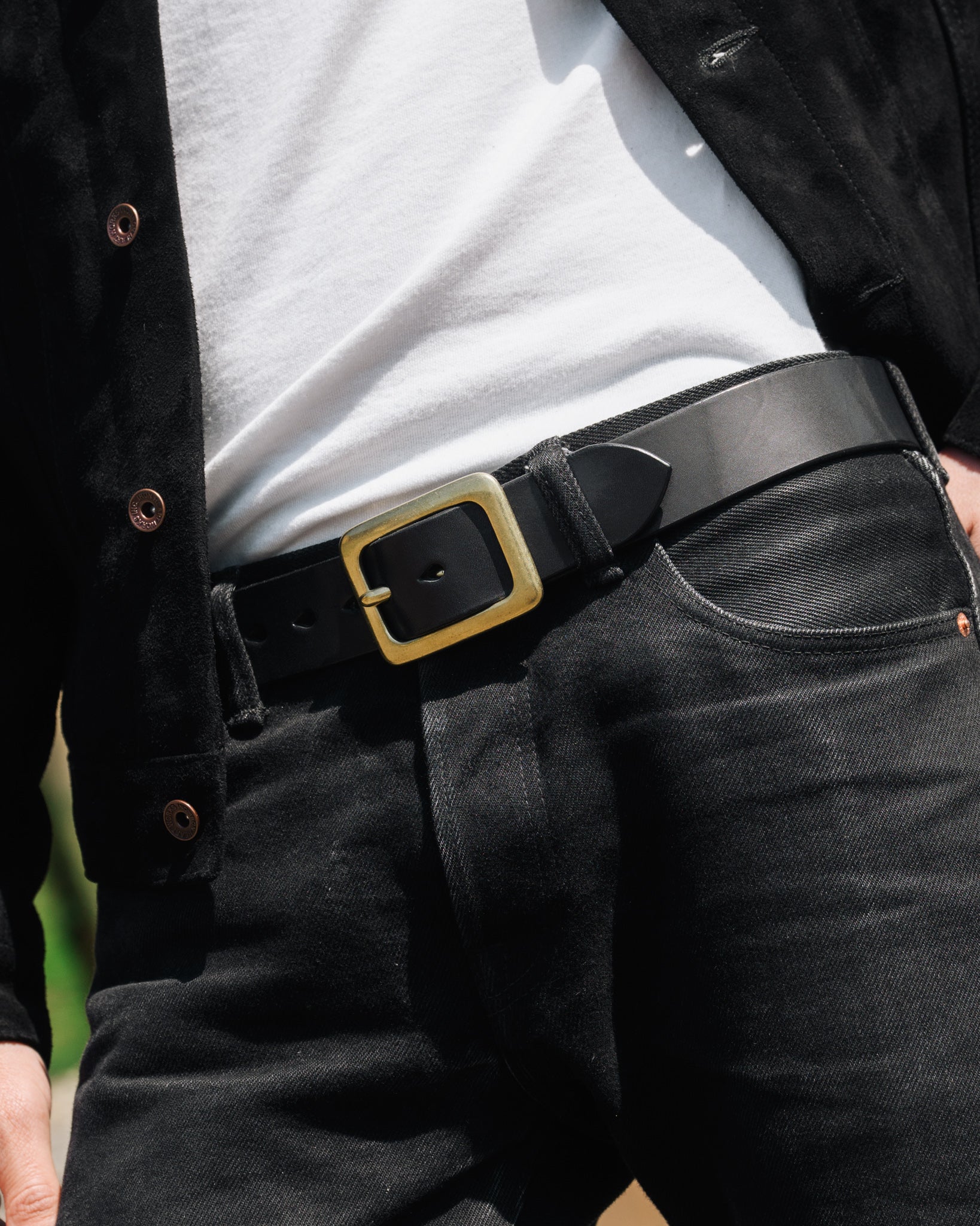 Heavy Duty "Tochigi" Leather Belt with Brass Garrison Buckle - Black