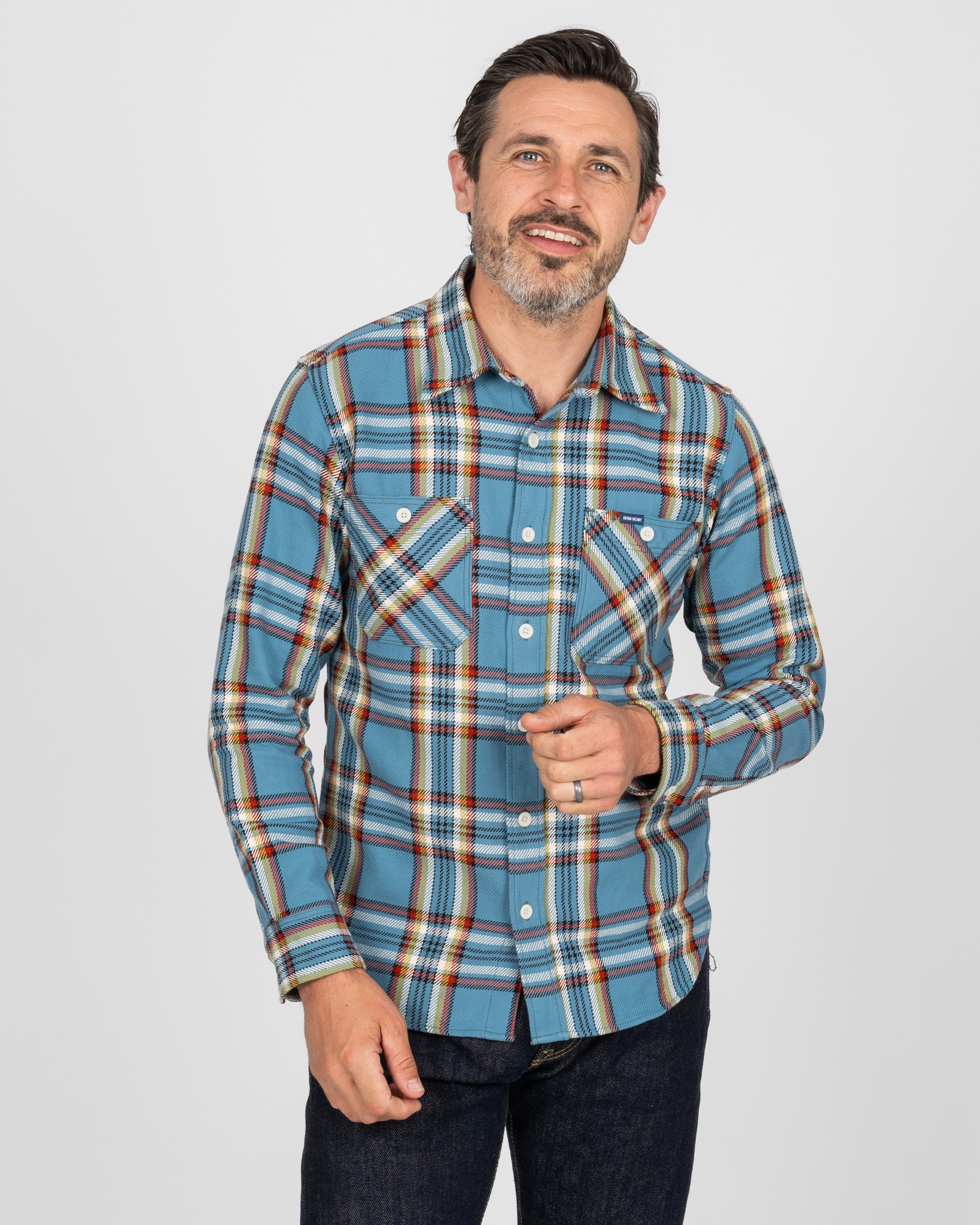 9oz Selvedge Flannel Check Work Shirt - Sax Blue – Iron Heart