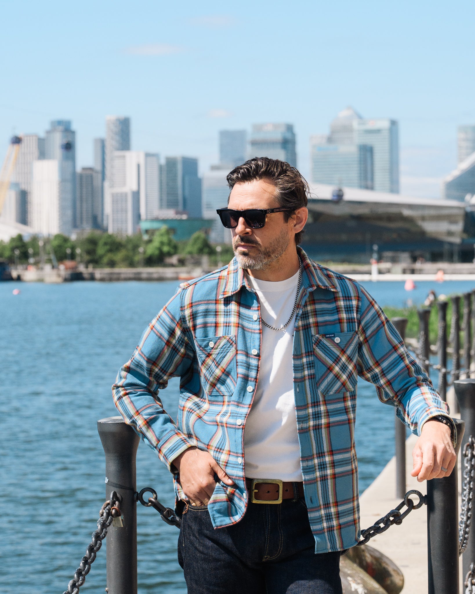 9oz Selvedge Flannel Check Work Shirt - Sax Blue – Iron Heart