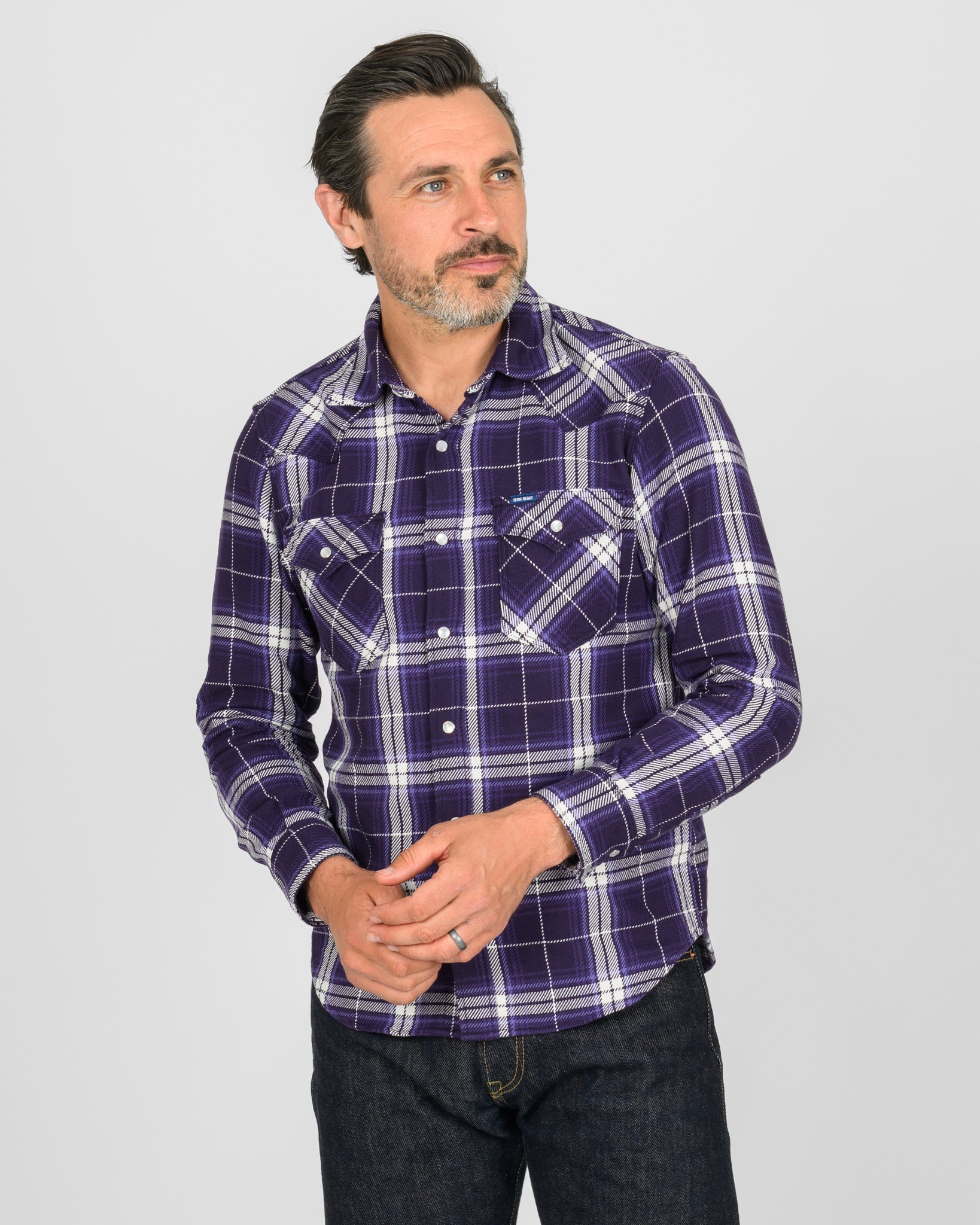 9oz Selvedge Flannel Check Western Shirt - Purple