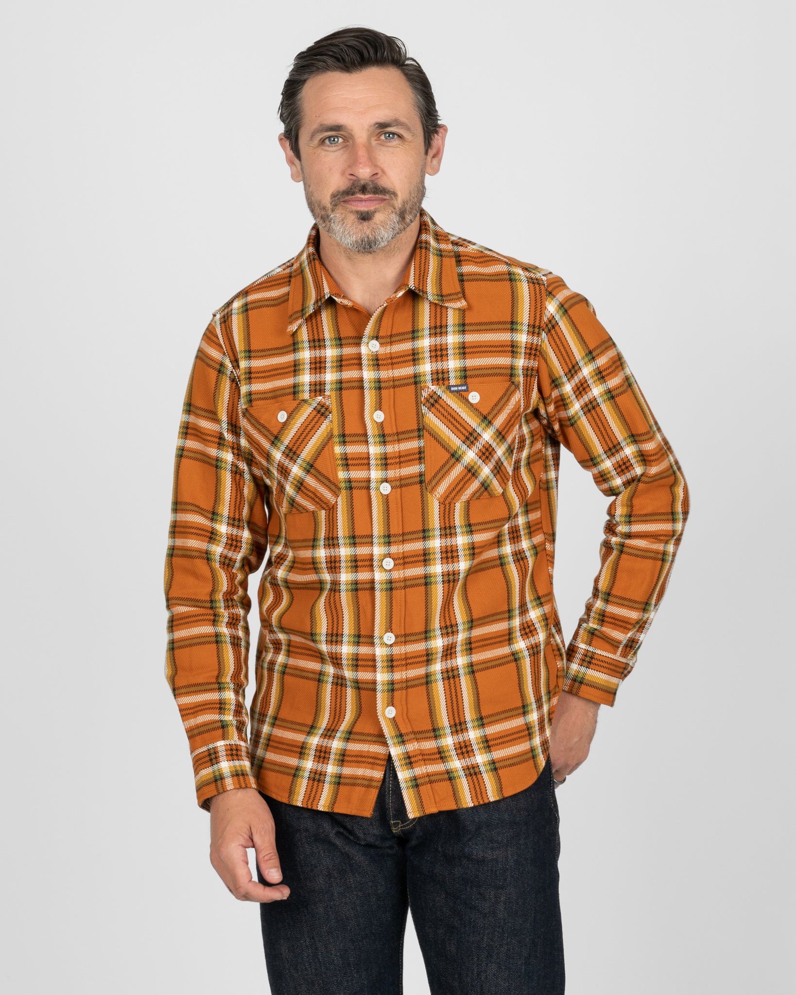 9oz Selvedge Flannel Check Work Shirt - Orange