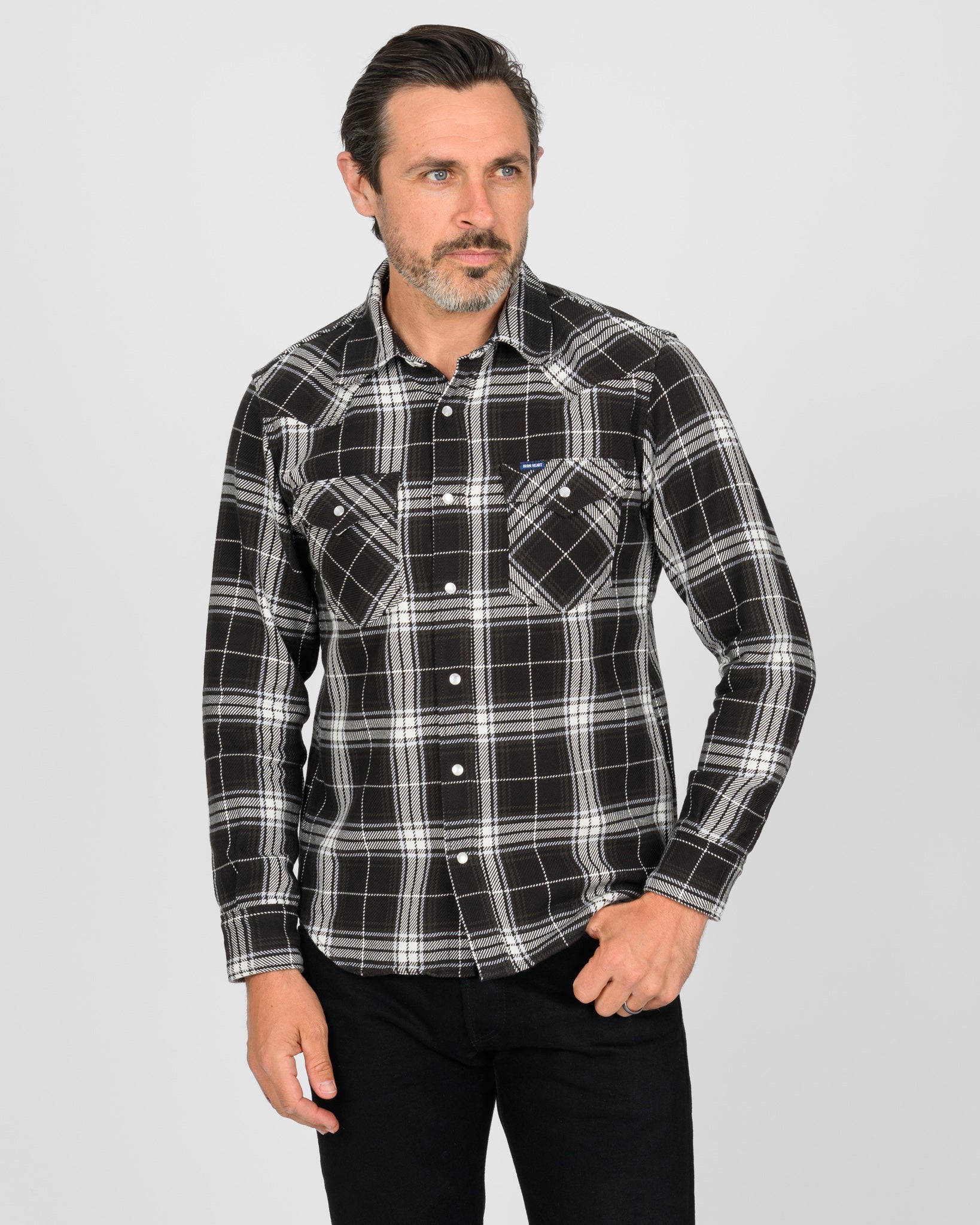 9oz Selvedge Flannel Check Western Shirt - Black – Iron Heart 9oz Selvedge Flannel Check Western Shirt - Black – Iron Heart