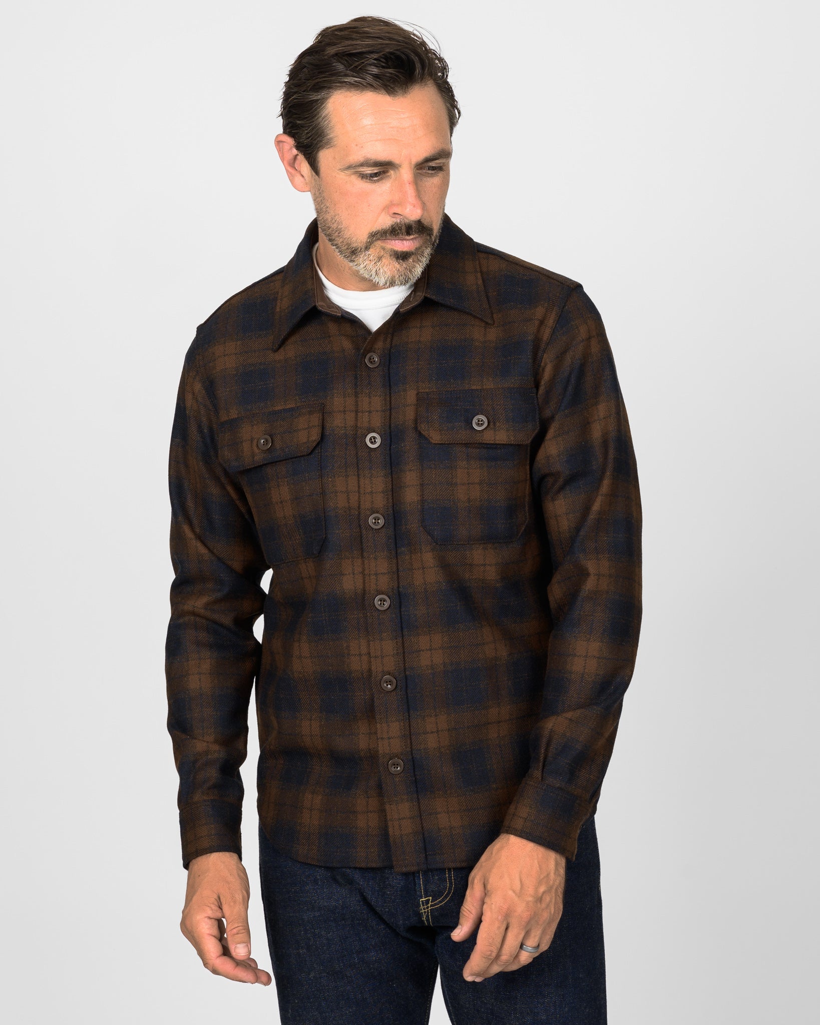 14oz Fox Brothers® Wool CPO Shirt - Bottle Brown Admiral Check