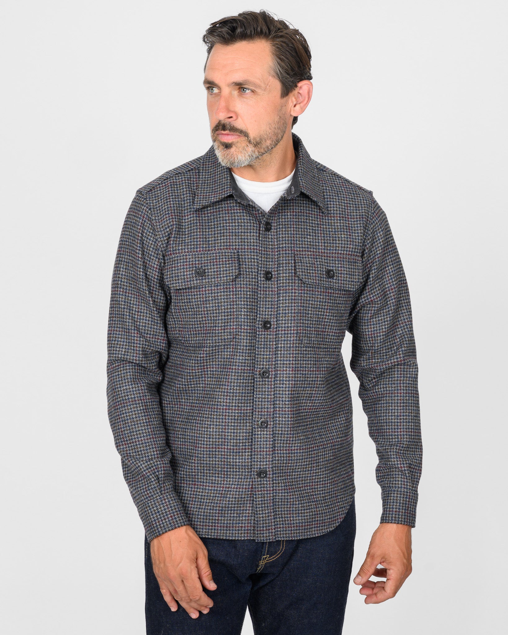 14oz Fox Brothers® Wool CPO Shirt - Antique Pewter Puppytooth Check