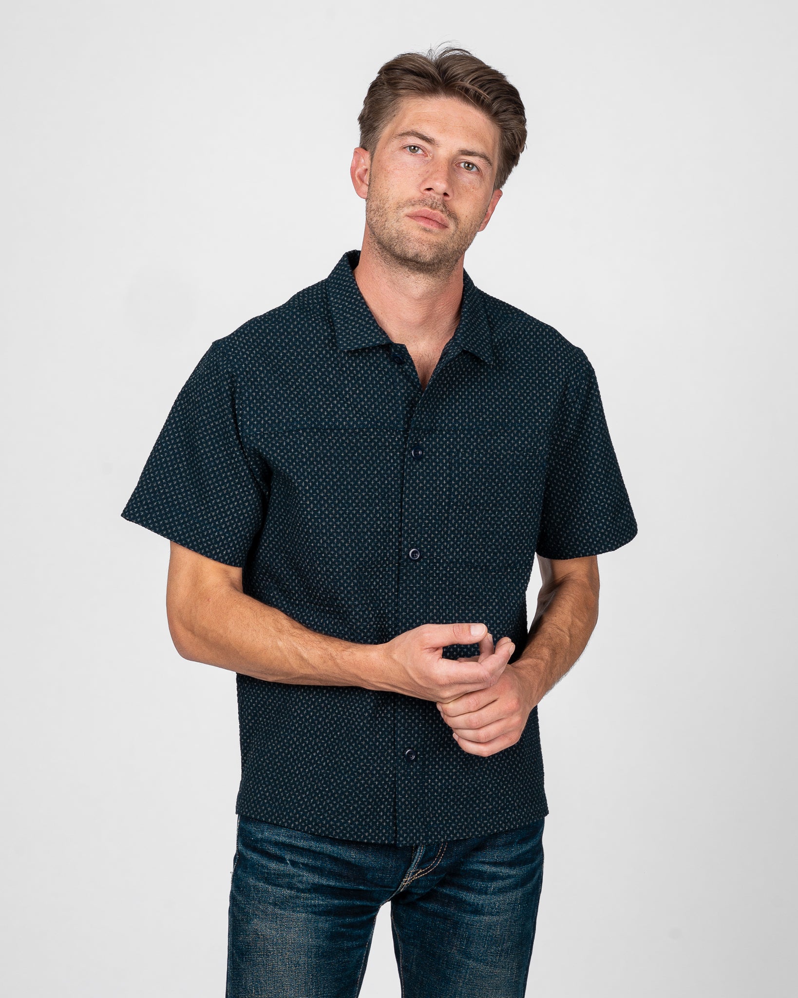 STF 3oz Japanese Seersucker Short Sleeve Shirt - Navy