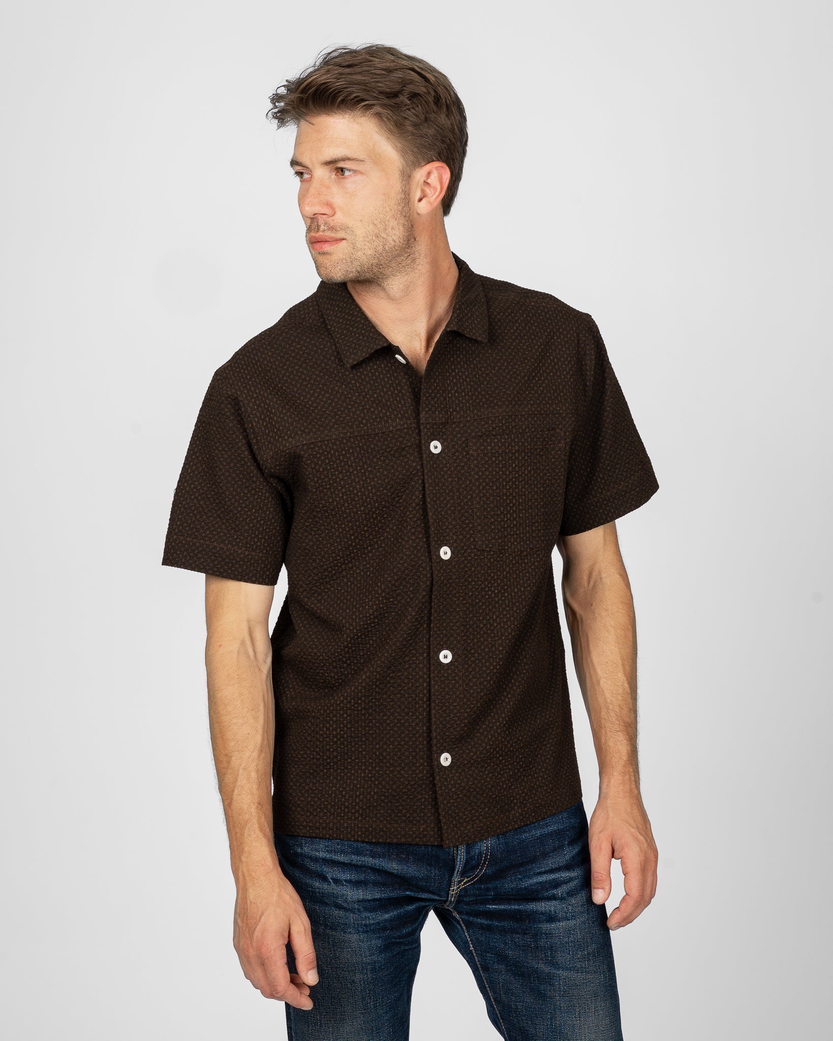 STF 3oz Japanese Seersucker Short Sleeve Shirt - Brown