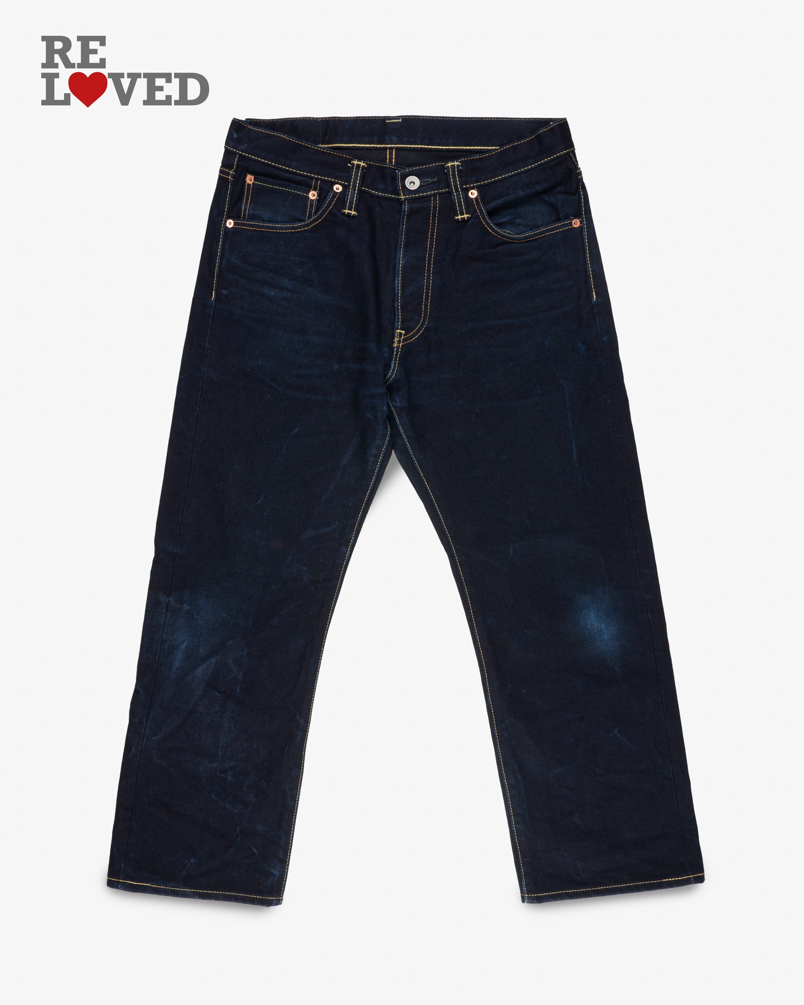 14oz Selvedge Denim Straight Cut Jeans - Indigo/Black (IH-634s-142ib) Tag 32, Hemmed to 25.5"