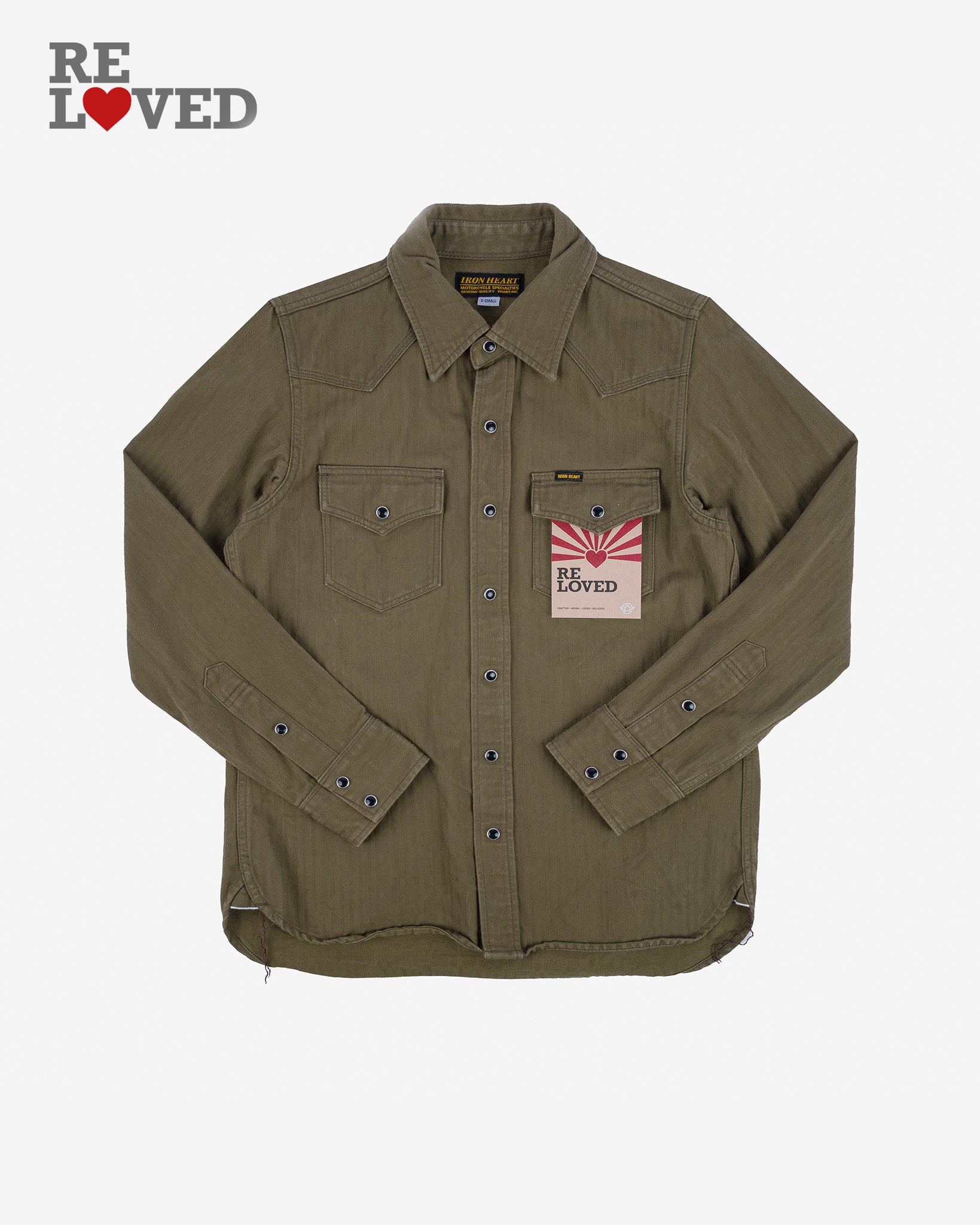9oz Selvedge Herringbone Western Shirt - Olive (IHSH-134-OLV) Size XS