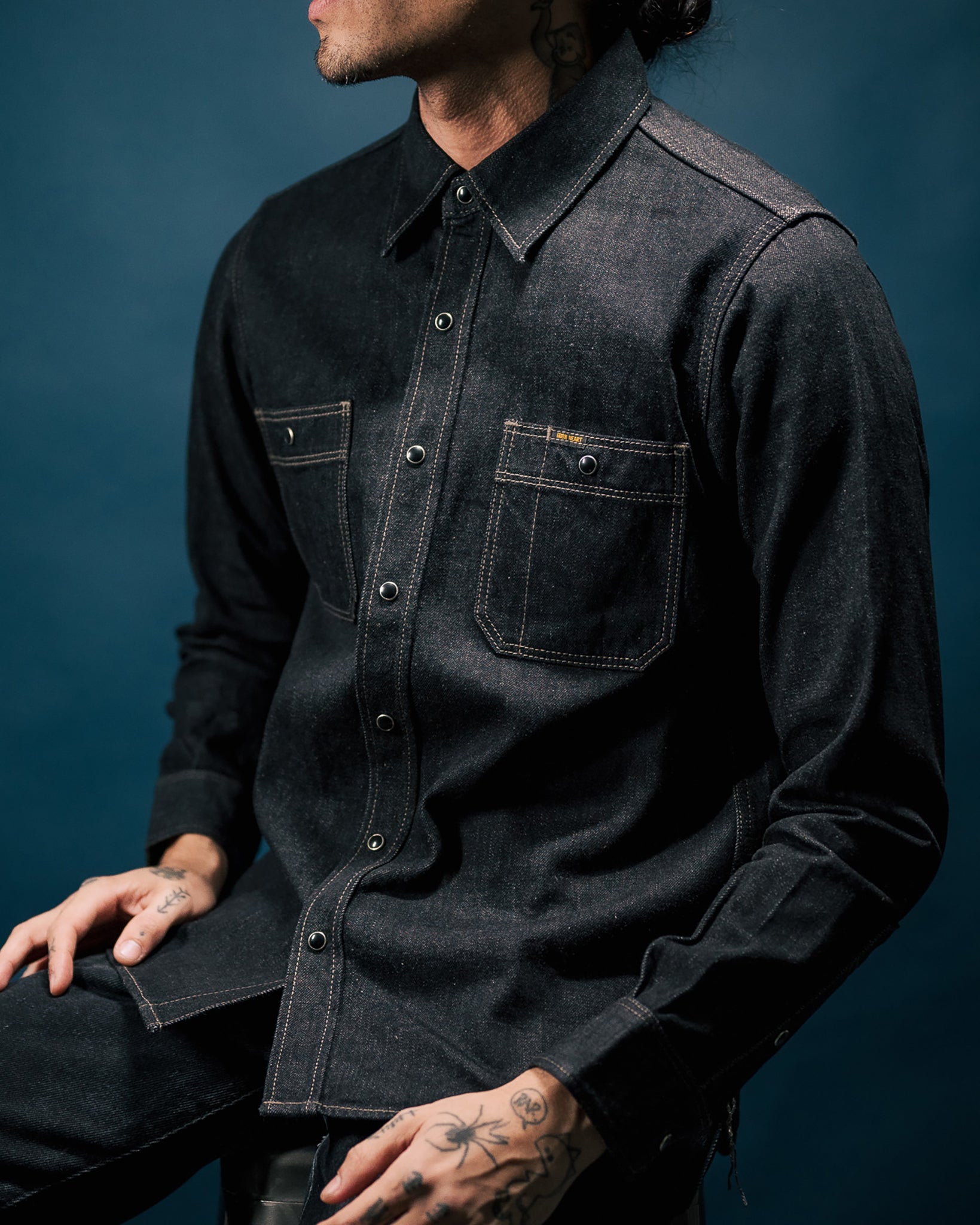12oz Selvedge Denim Work Shirt With Snaps - Black/Cream – Iron Heart