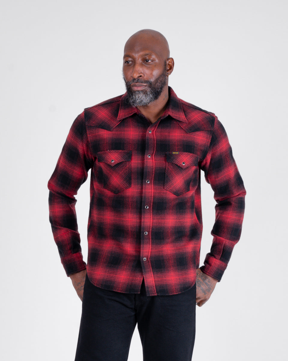 Ultra Heavy Flannel Ombré Check Western Shirt - Red/Black