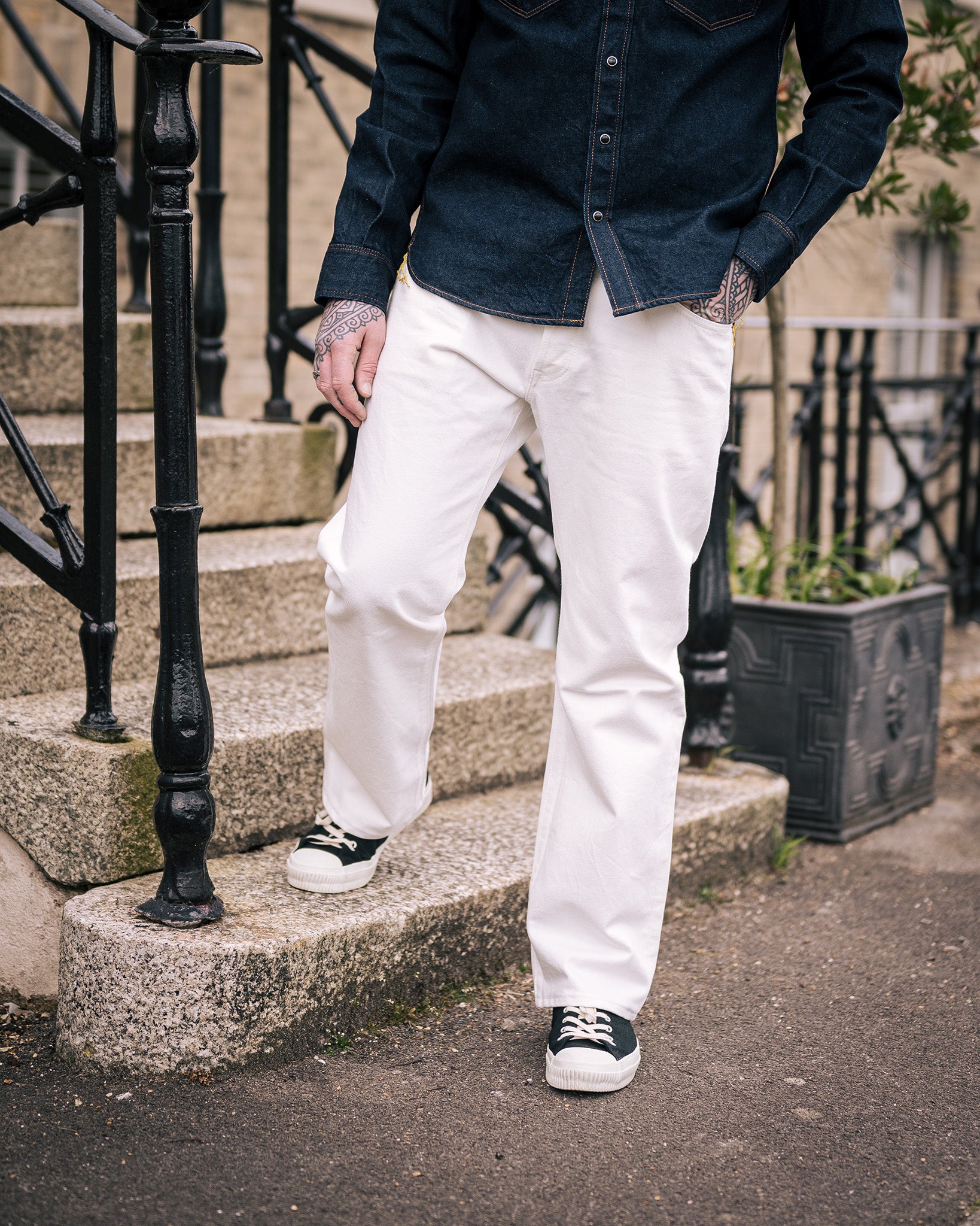 IRON HEART ホワイトツイルトラウザーストレート634-WT 34in