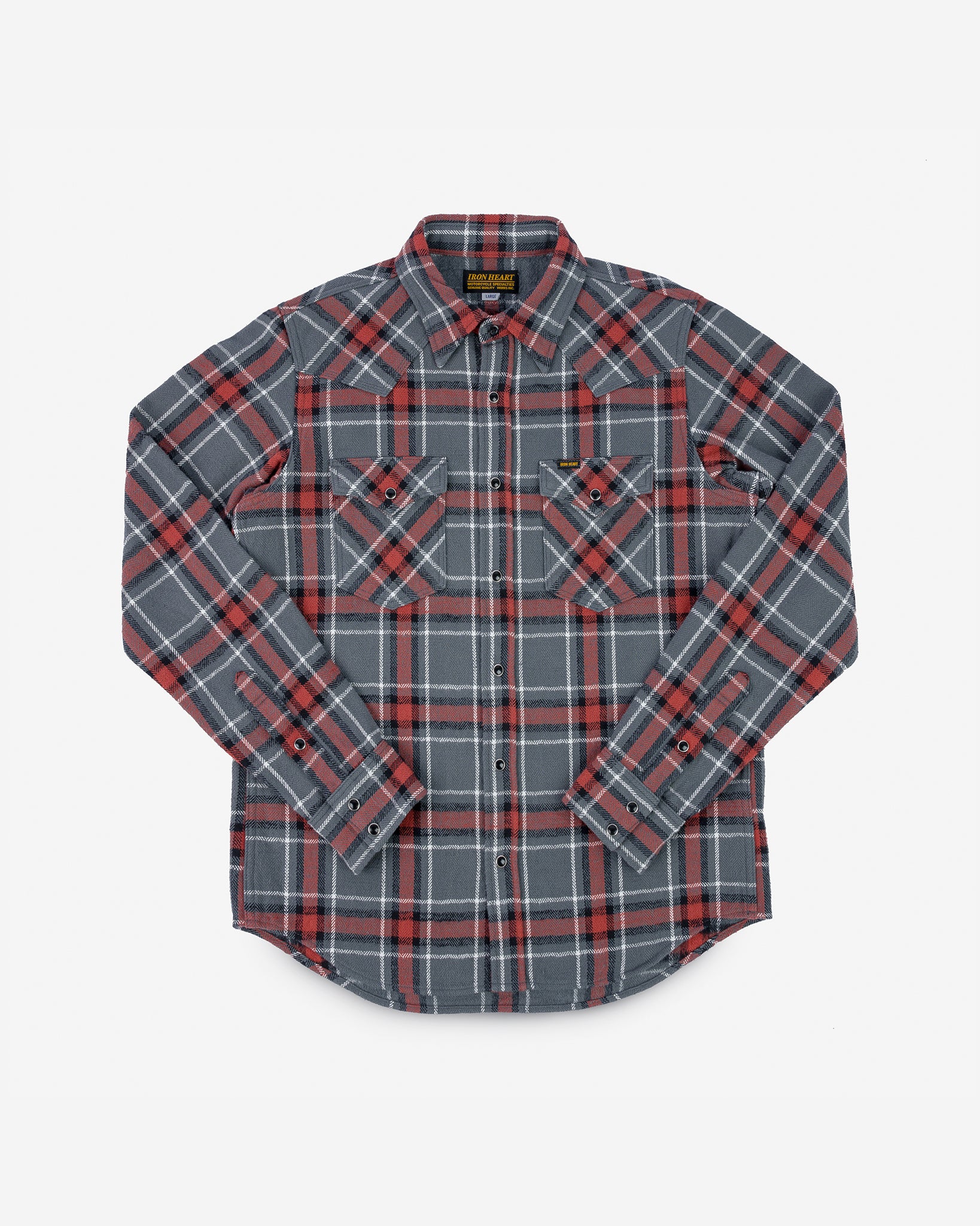 12oz Slubby Heavy Flannel Herringbone Check Western Shirt - Grey