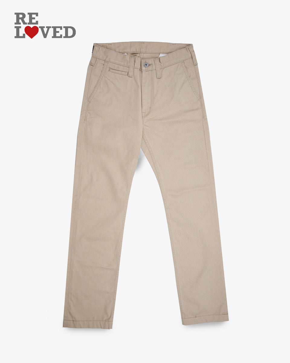 9oz Mercerised Selvedge Cotton Relaxed Tapered Cut Chinos - Khaki (IH-727-KHA) Tag 29, Hemmed to 28.5"