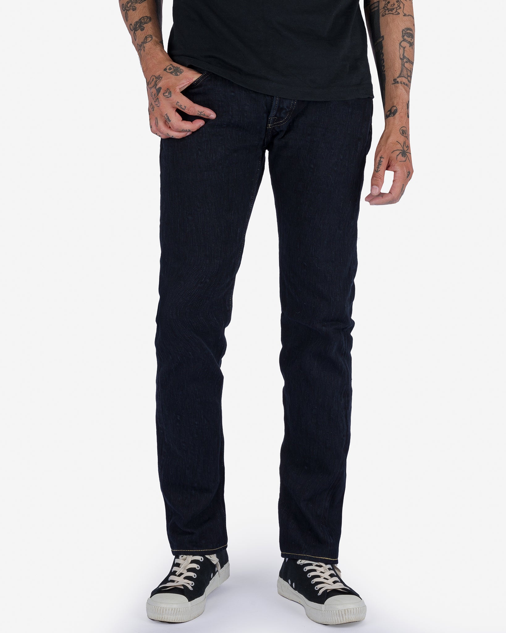 16oz Slubby Selvedge Denim Slim Tapered Cut Jeans - Indigo Overdyed Black