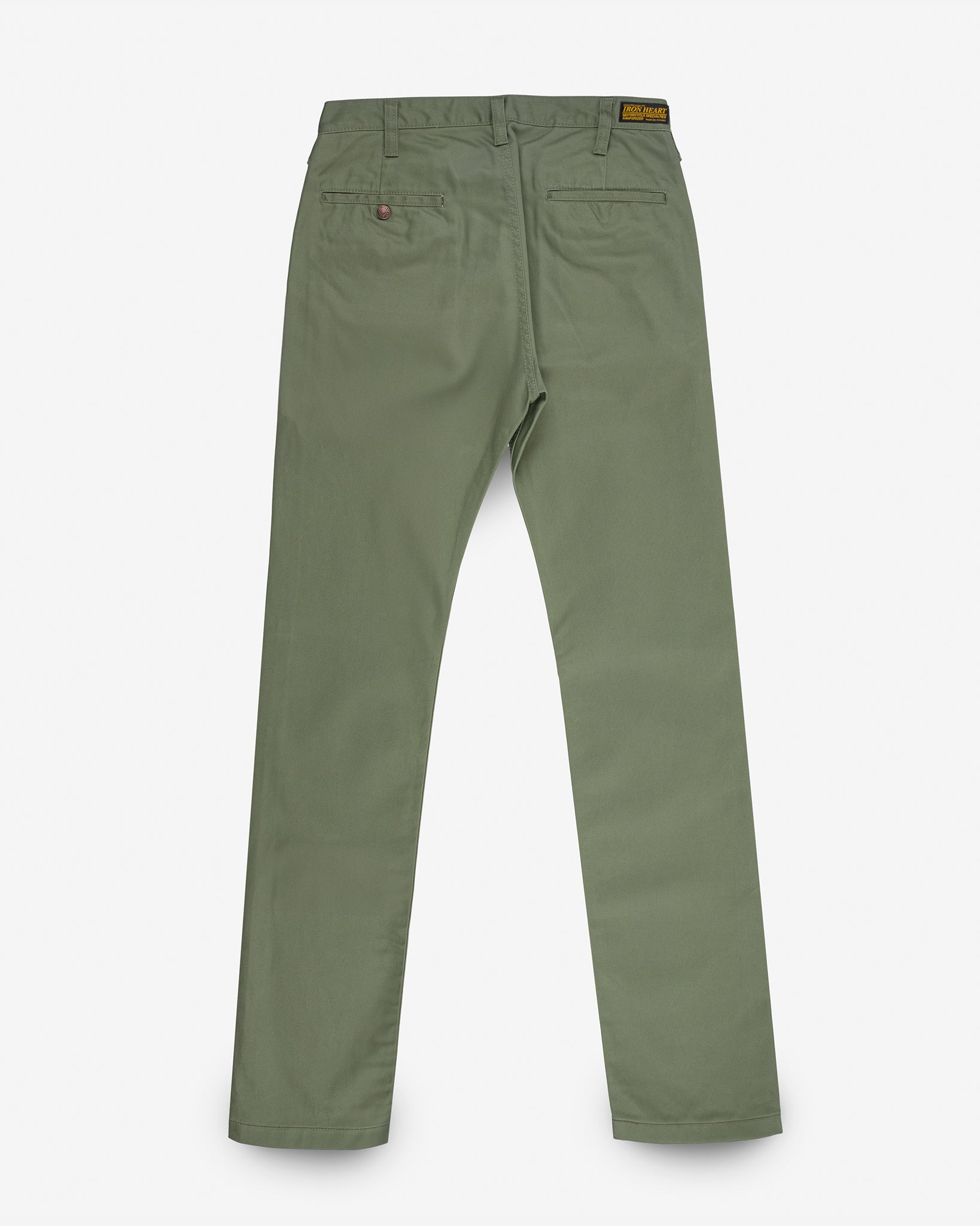 9oz Mercerised Selvedge Cotton Slim Tapered Chinos - Olive (IH-721-OLV) Tag 33, Hemmed to 32.5"