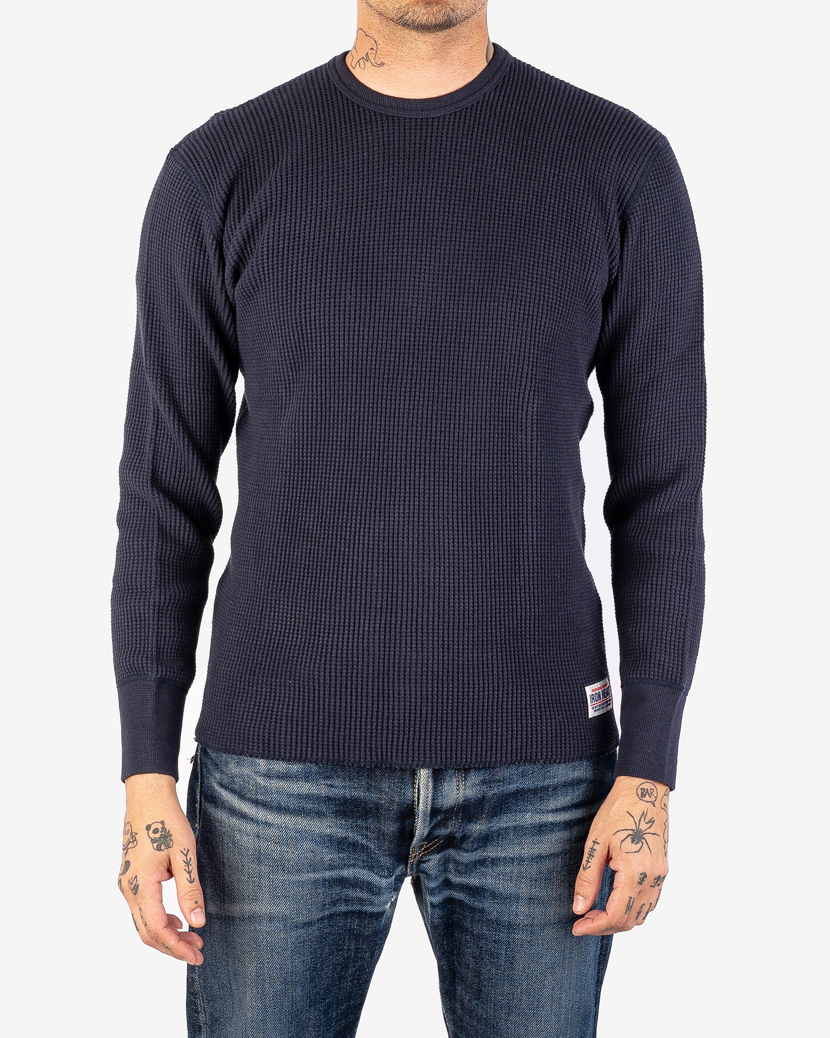 Waffle Knit Long Sleeved Crew Neck Thermal Top - Navy