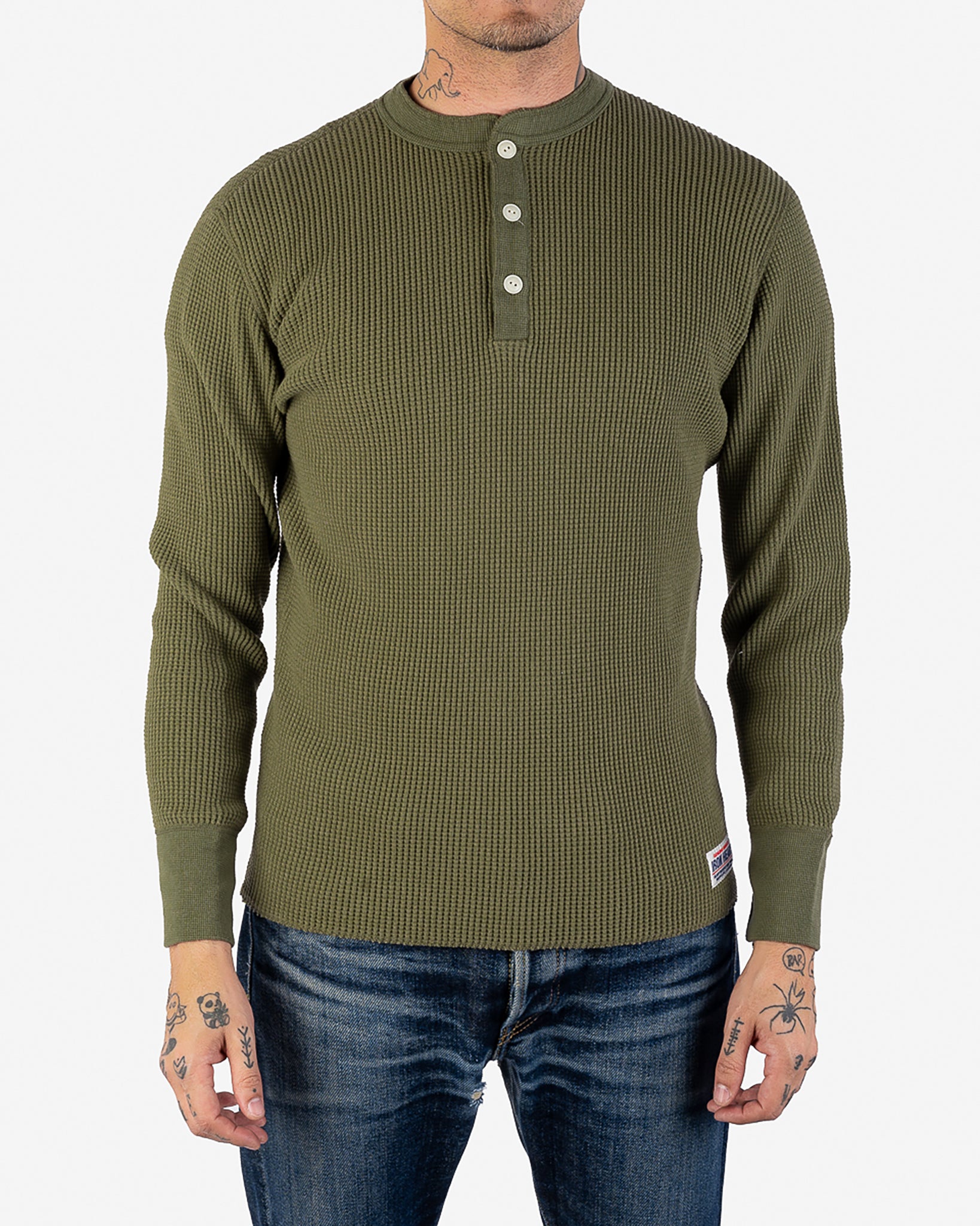Waffle Knit Long Sleeved Thermal Henley - Olive