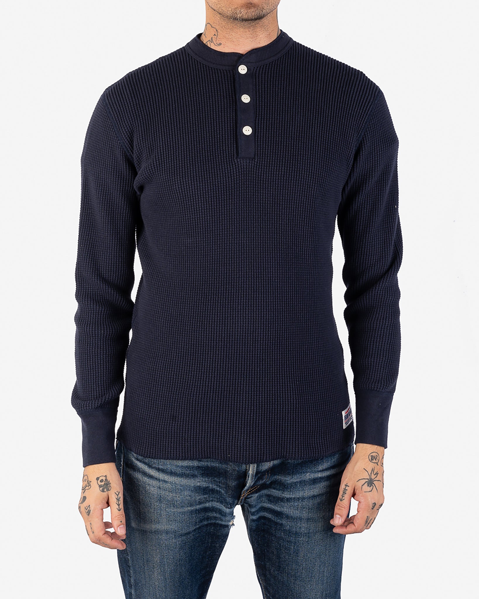 Waffle Knit Long Sleeved Thermal Henley - Navy
