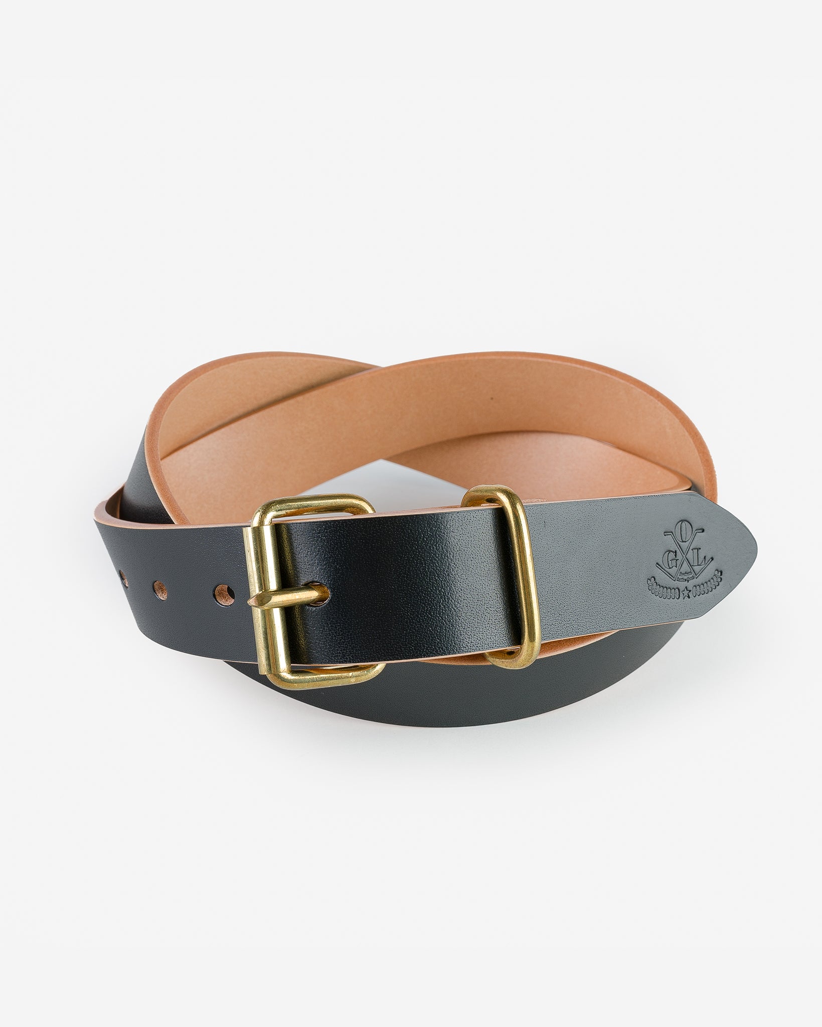 OGL Single Prong Brass Roller Buckle Leather Belt - Hand Dyed Black