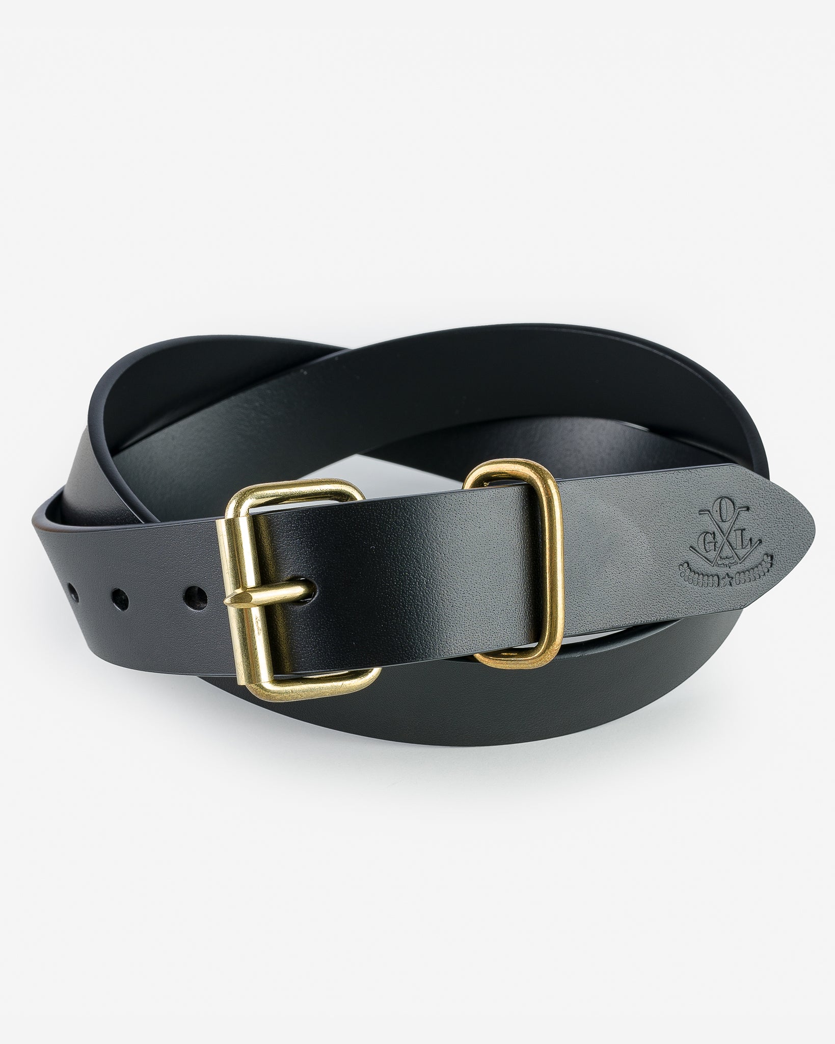 OGL Single Prong Brass Roller Buckle Leather Belt - Full Dyed Black
