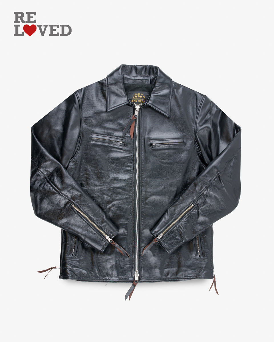 Japanese Horsehide Rider’s Jacket with Collar - Black (Tea-Core Dyed) (IHJ-54-BLK) Size XXL