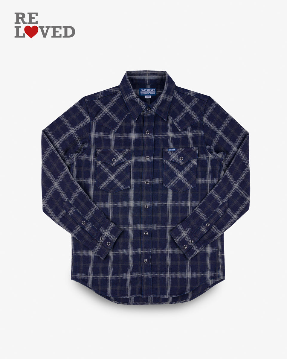 9oz Selvedge Indigo Check Flannel Western Shirt - Black (IHSH-411-BLK) Size Large