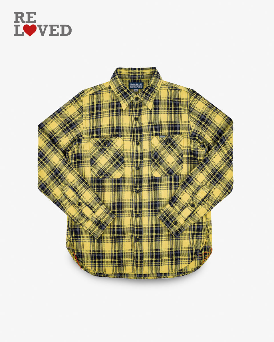 9oz Selvedge Indigo Check Flannel Work Shirt - Yellow (IHSH-412-YEL) Size Large