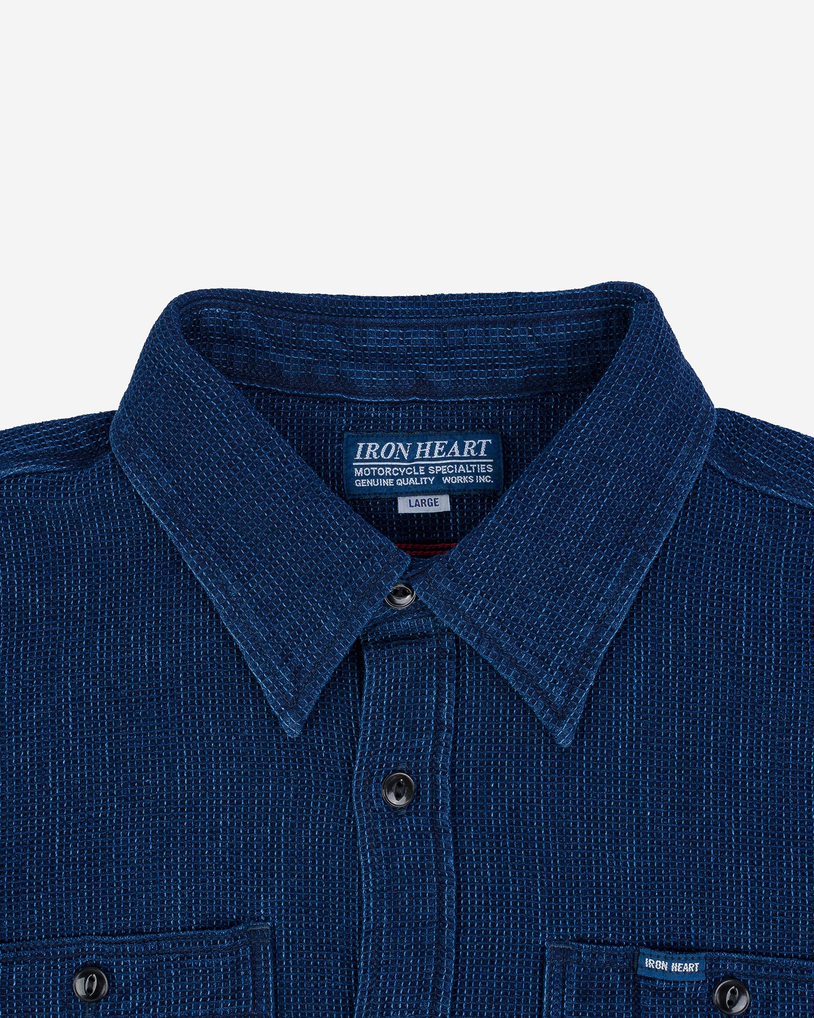 Iron Heart Japanese Waffle Indigo Work Shirt With Black Cats Eye