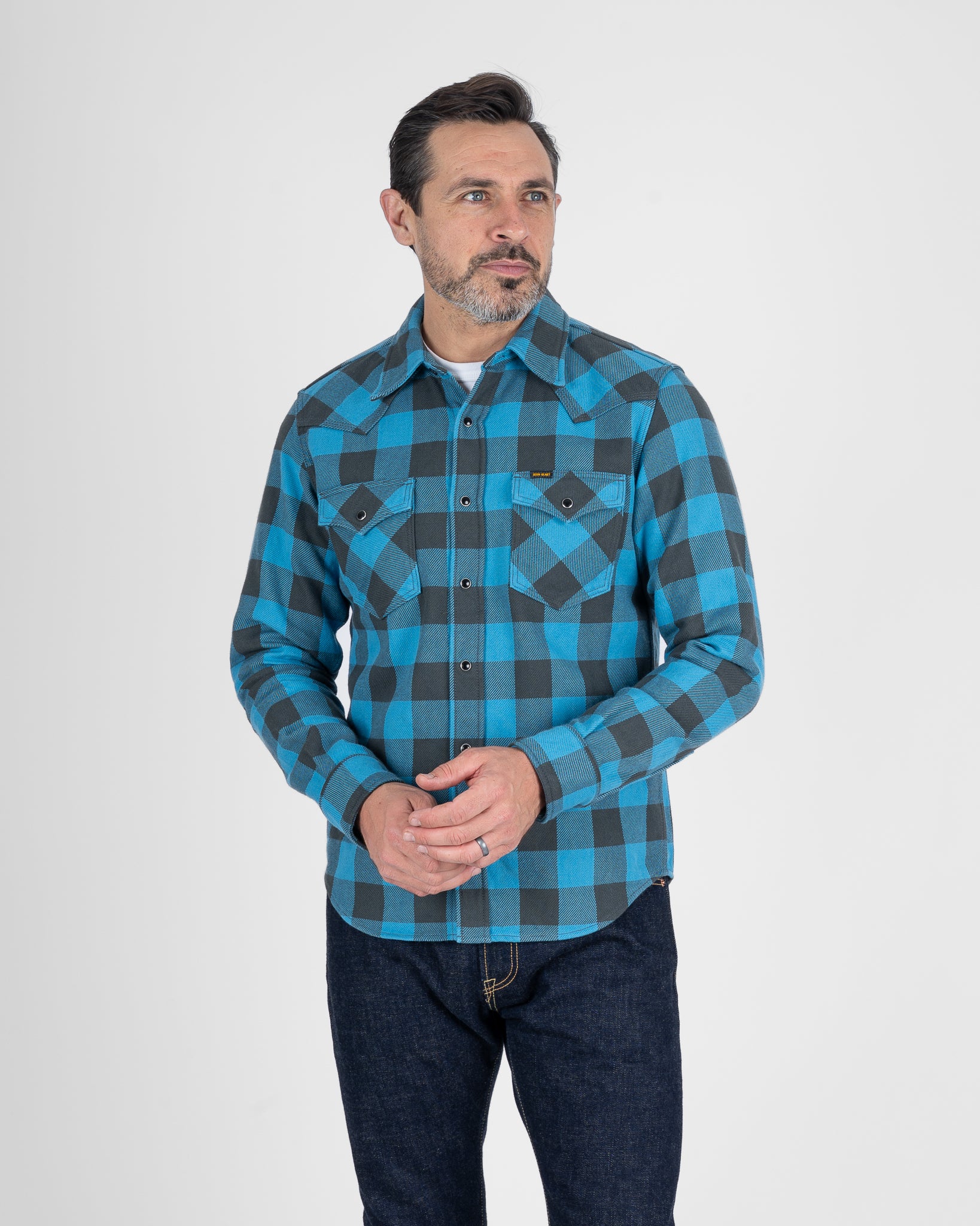 Ultra Heavy Flannel Buffalo Check Western Shirt - Turquoise/Grey