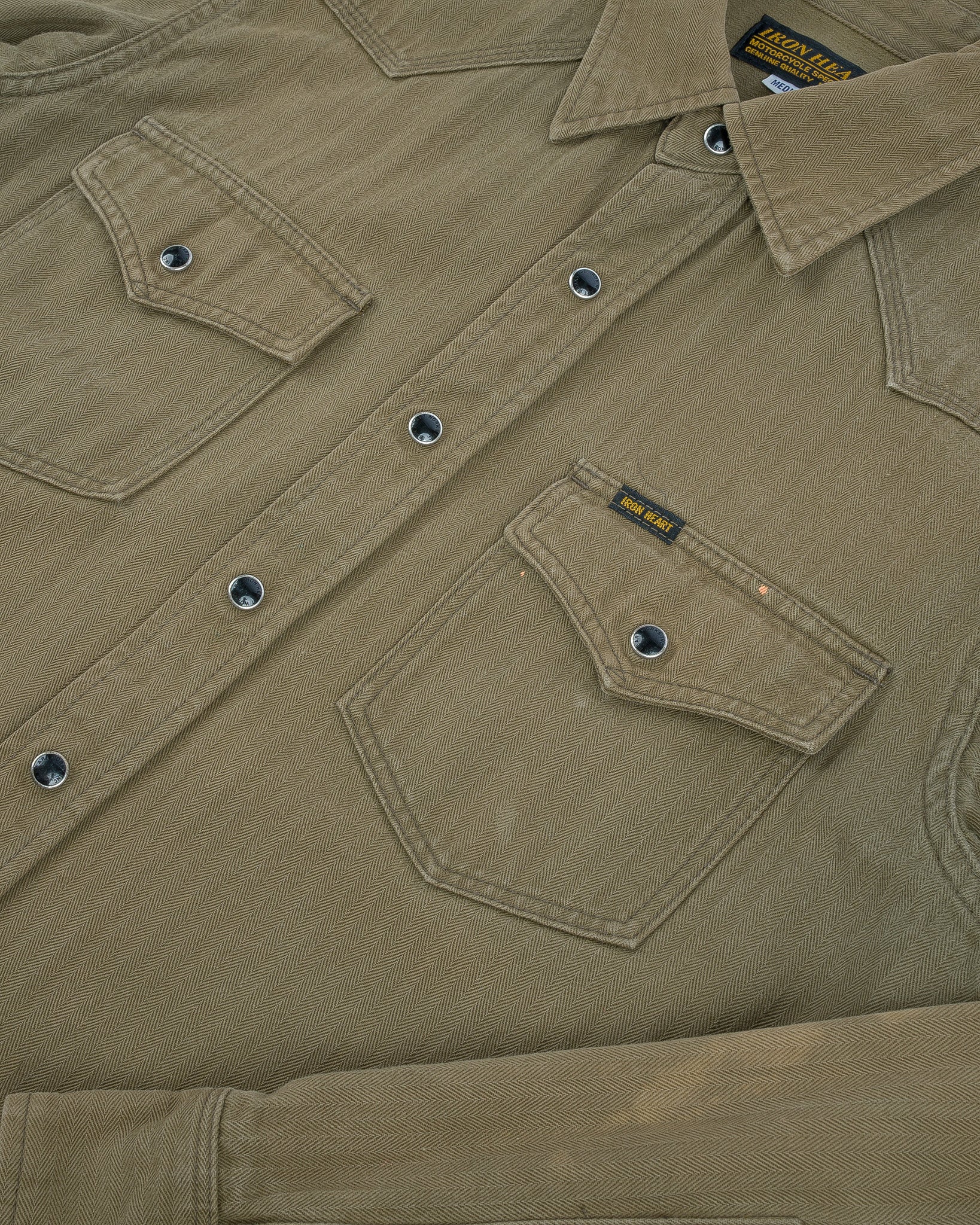 9oz Selvedge Herringbone Western Shirt - Olive (IHSH-134-OLV) Size Medium
