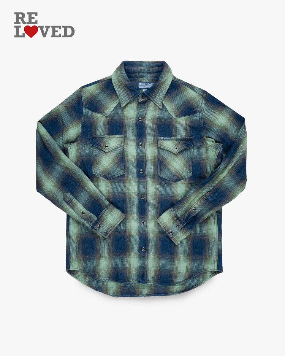 9oz Selvedge Ombré Check Western Shirt - Green (IHSH-348-GRN) Size Large