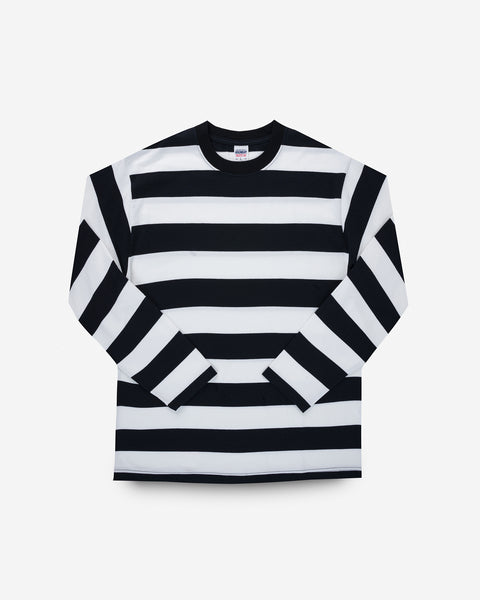 7.5oz Cotton Long-Sleeved Crew Neck Border Tee - Black and