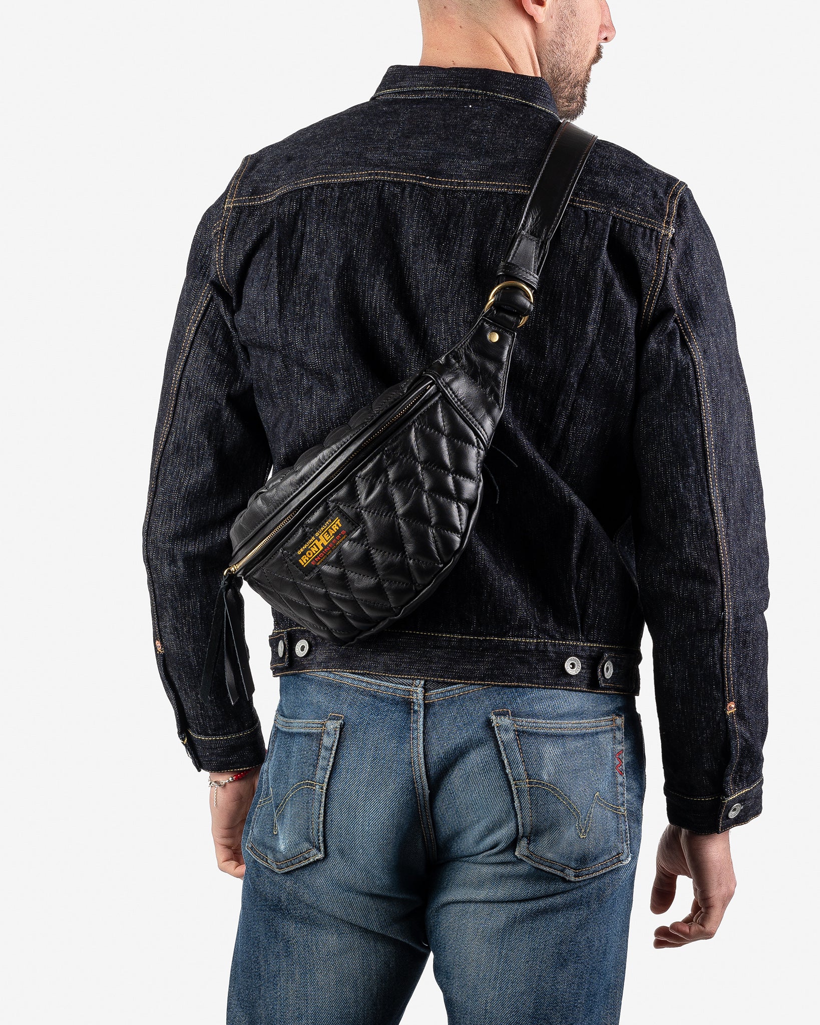 Diamond Stitched Leather Waist Bag - Black