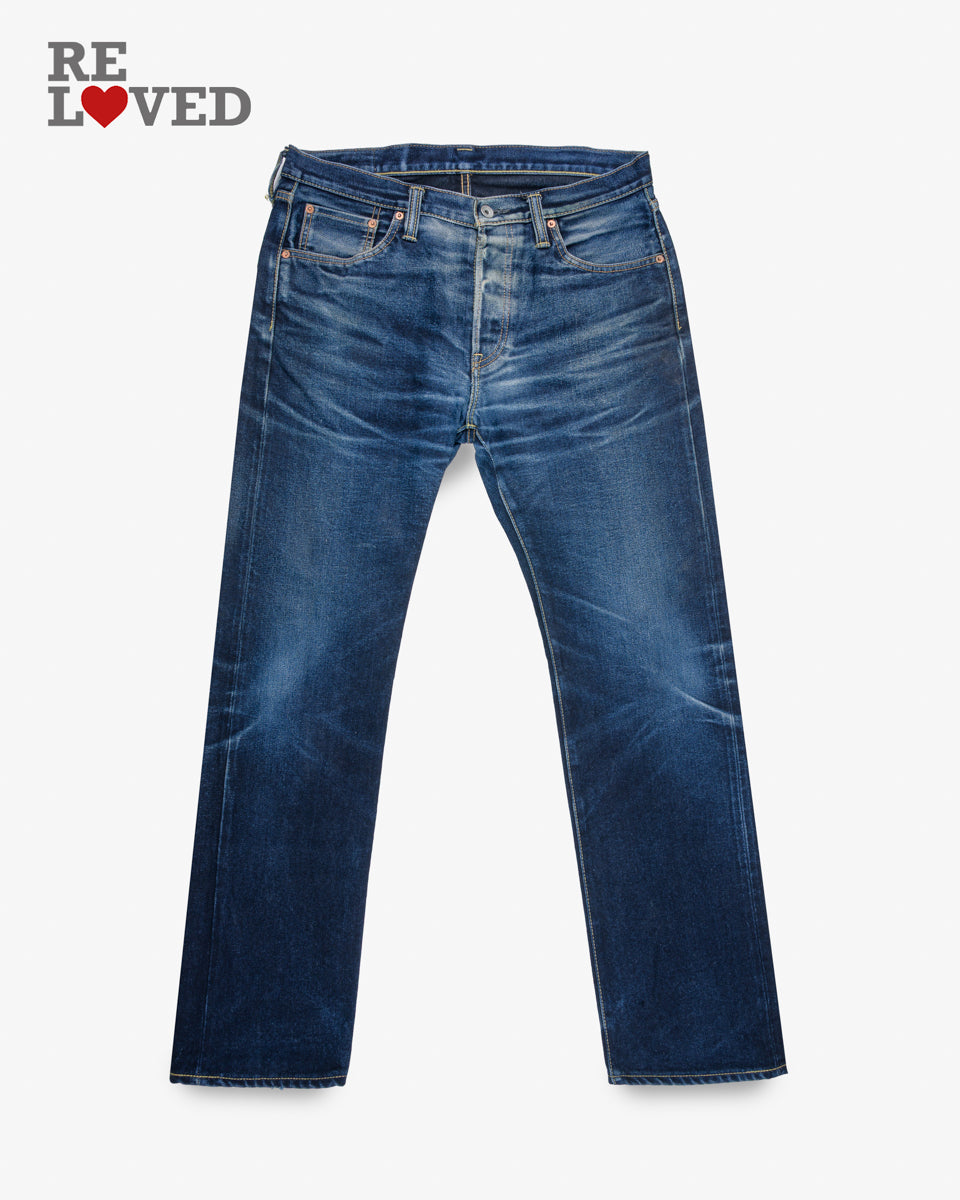 14oz Selvedge Denim Slim Straight Cut Jeans - Indigo/Black (IH-666s-142ib-c) Tag 35, Hemmed to 32.0"