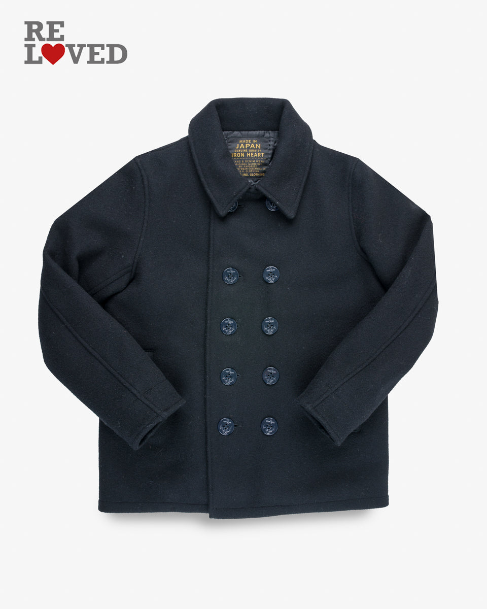 Water Repellent Melton Wool Pea Coat - Black (IHW-14) Size Small