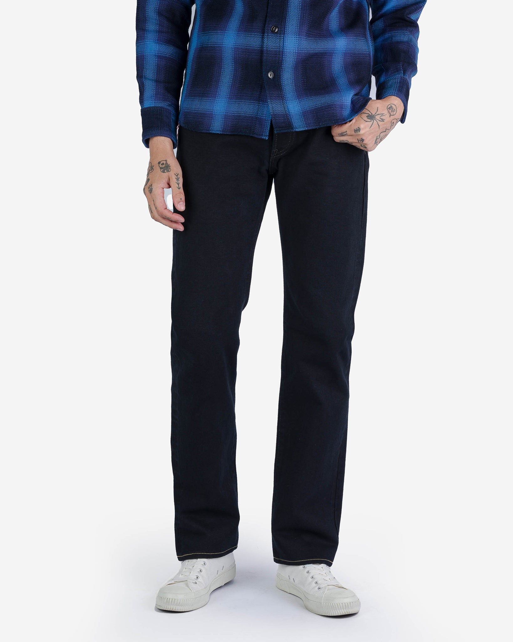 14oz Broken Twill Selvedge Denim Slim Straight Cut Jeans - Indigo Overyded Black