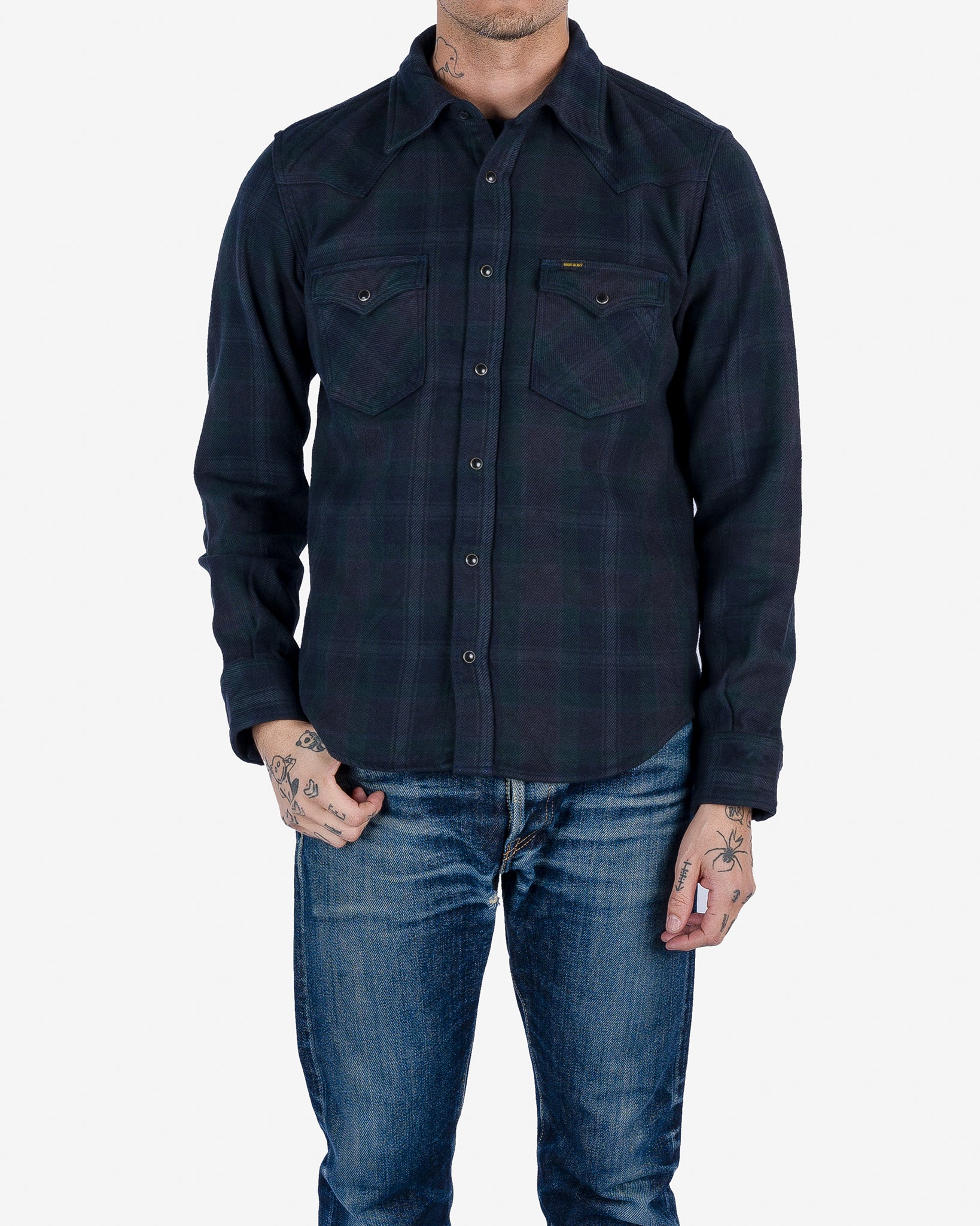 Iron Heart Ultra Heavy Flannel Crazy Check Western Shirt - Navy