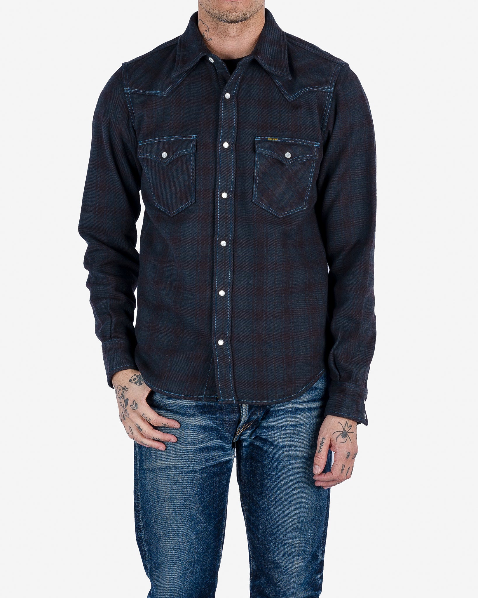 Ultra Heavy Flannel Blanket Check Western Shirt - Sax Blue Overdyed Black