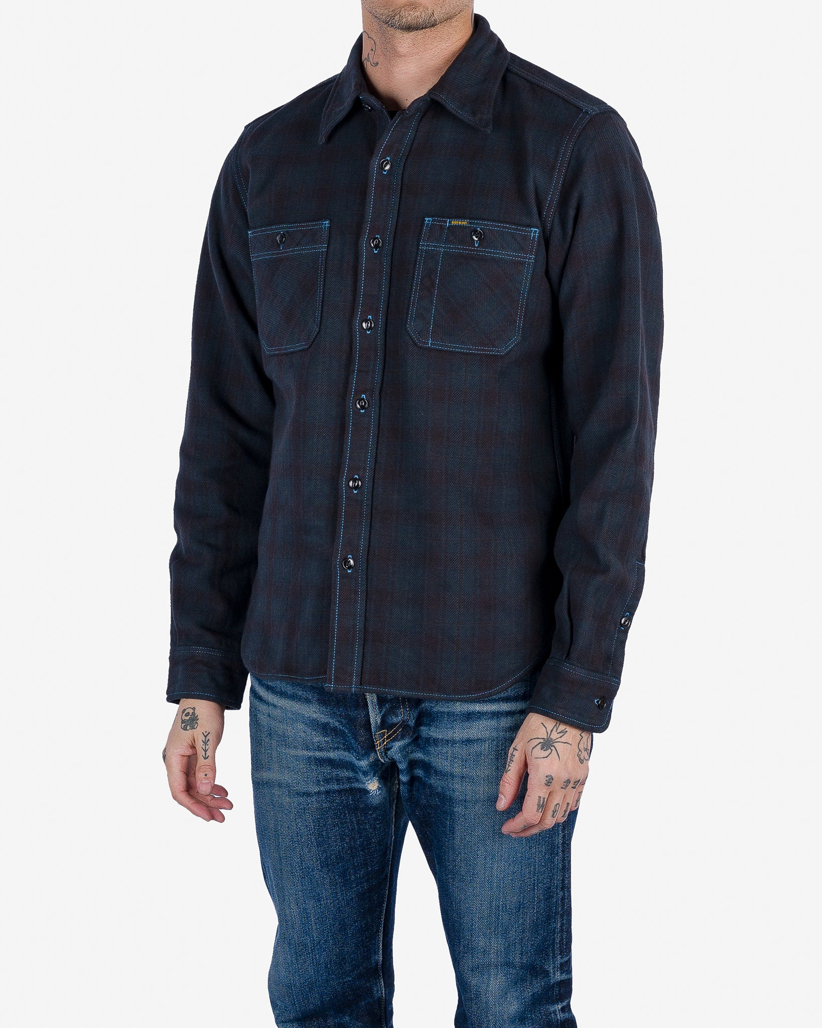 Ultra Heavy Flannel Blanket Check Work Shirt - Sax Blue Overdyed Black