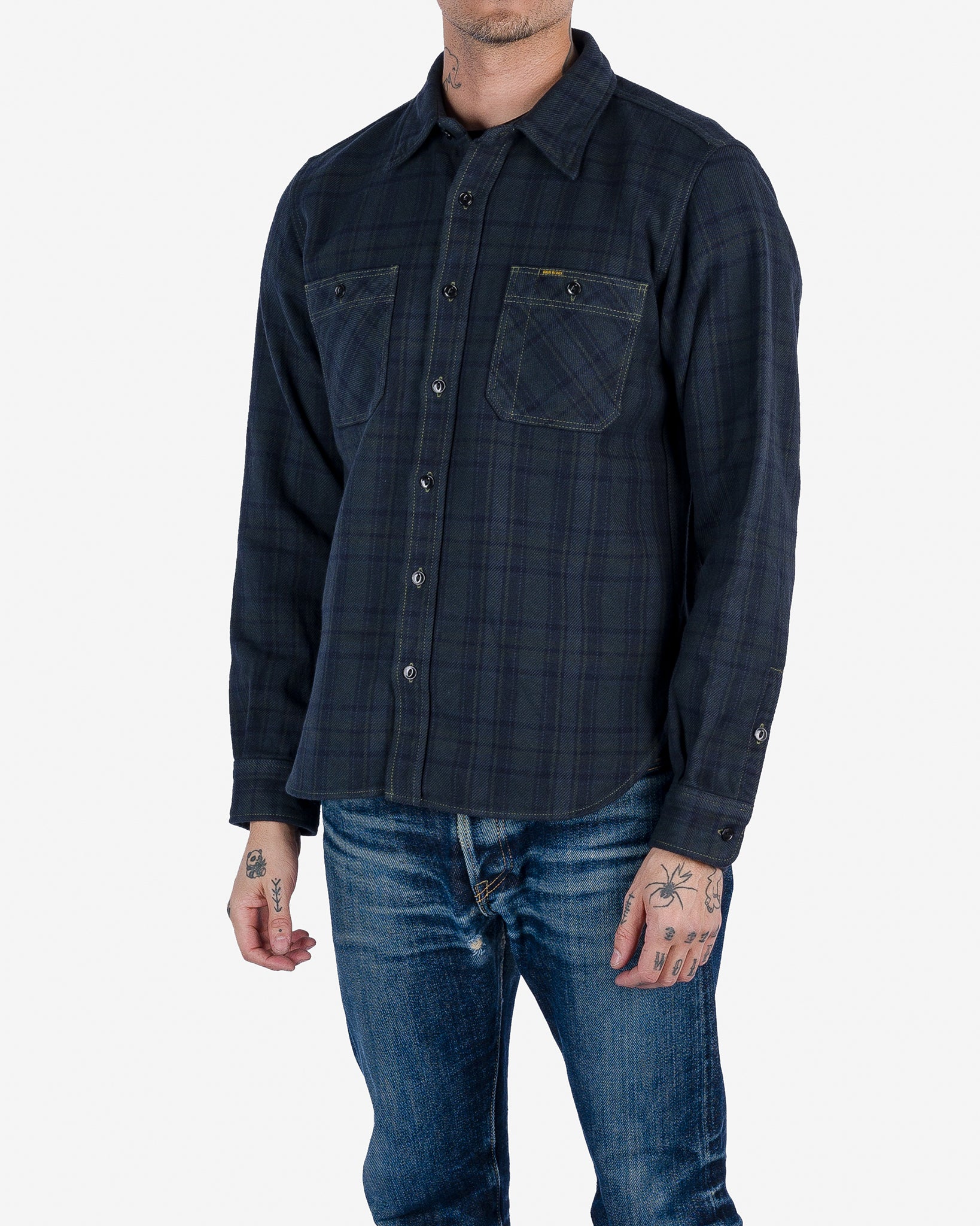 Ultra Heavy Flannel Tartan Check Work Shirt - Green Overdyed Black