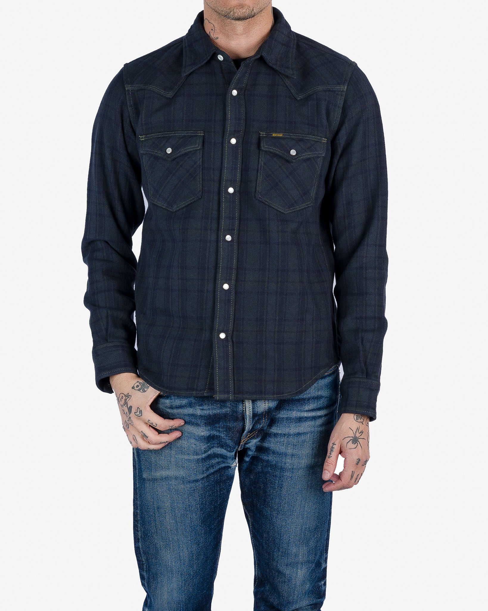 Ultra Heavy Flannel Tartan Check Western Shirt - Green Overdyed Black