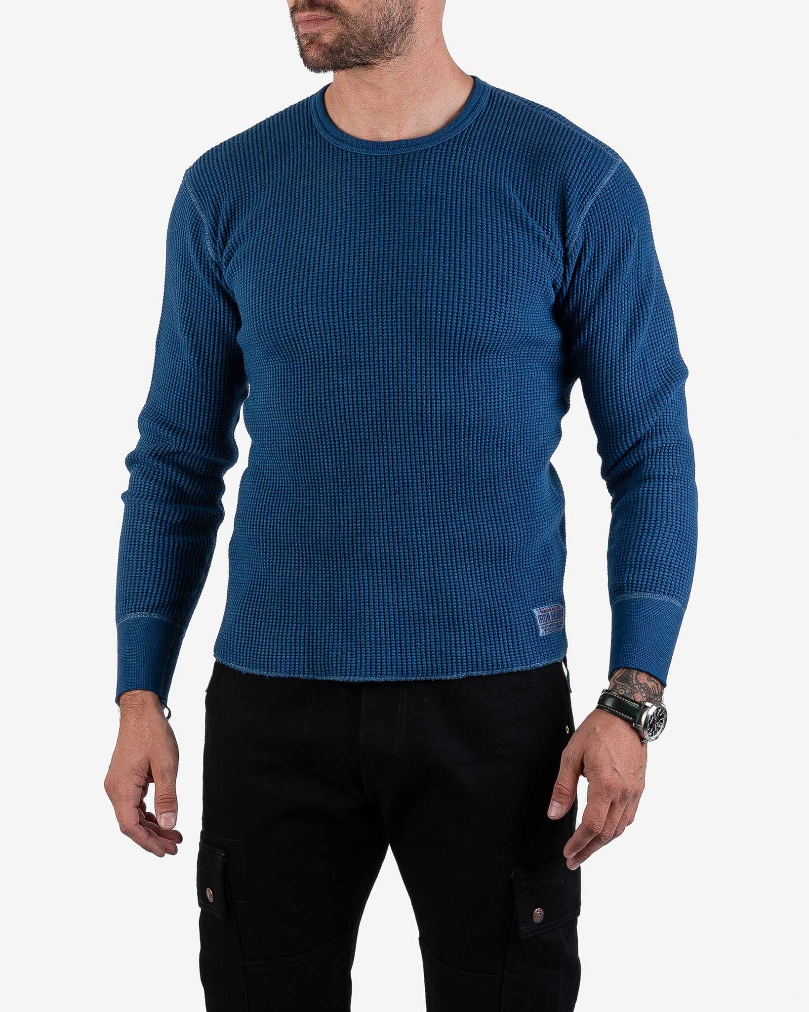 Waffle Knit Long Sleeved Crew Neck Thermal Top - Indigo Dyed