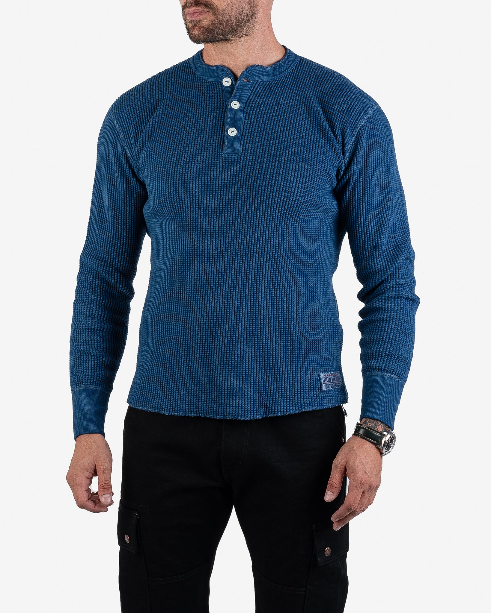 Waffle Knit Long Sleeved Thermal Henley - Indigo Dyed