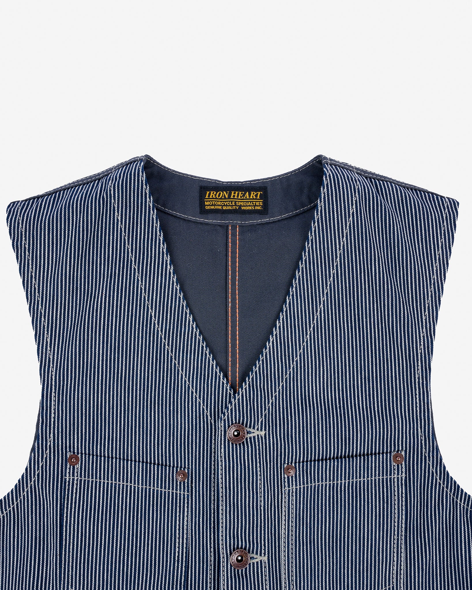 10.5oz Narrow Stripe Hickory Work Vest - Indigo – Iron Heart