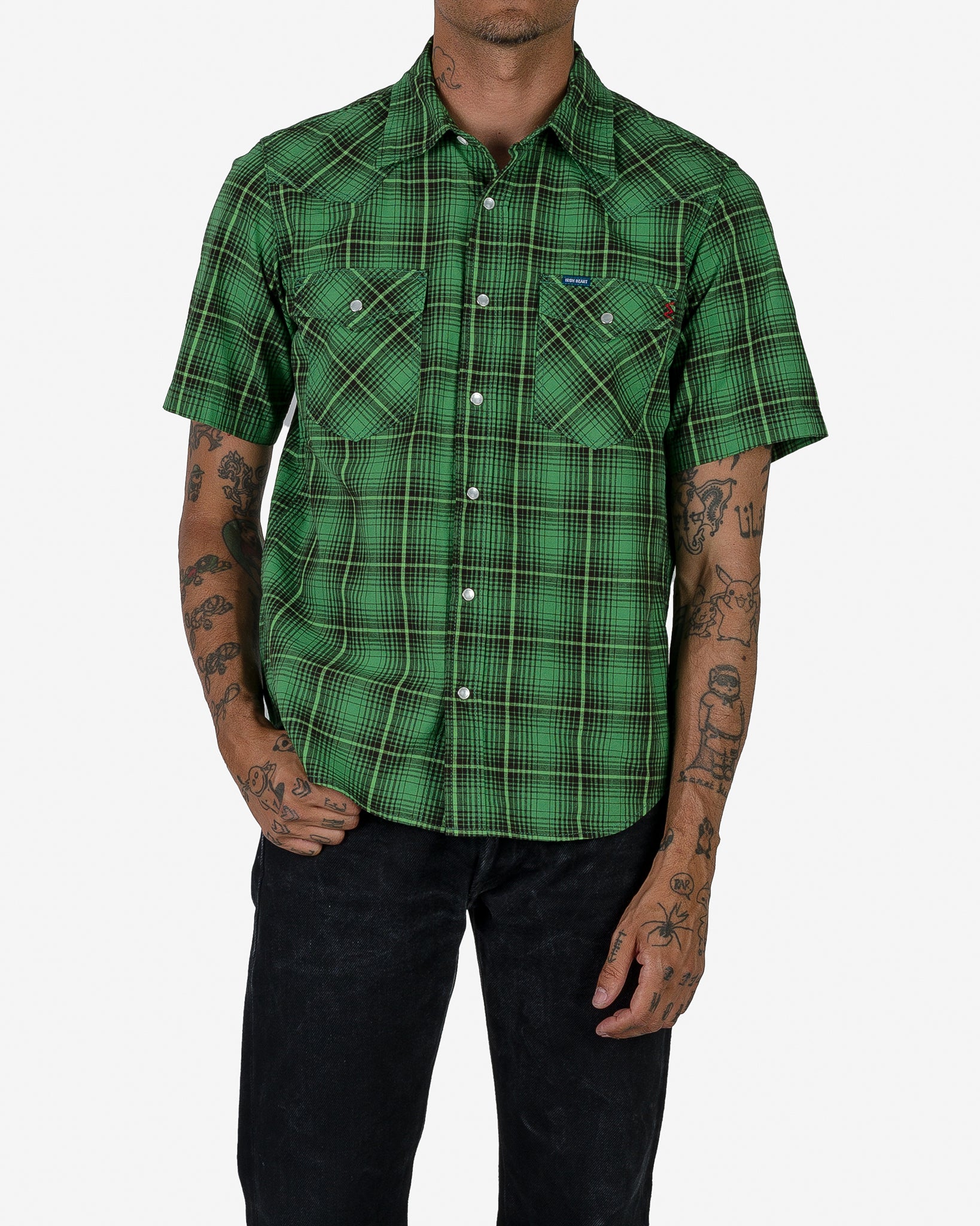 5oz Selvedge Short Sleeved Western Shirt - Green Vintage Check