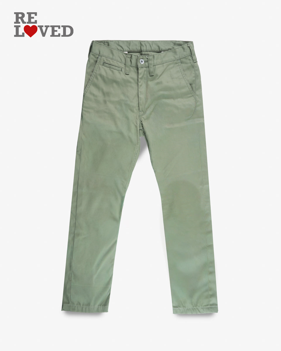 9oz Mercerised Selvedge Cotton Slim Tapered Chinos - Olive (IH-721-OLV) Tag 30, Hemmed to 27.6"
