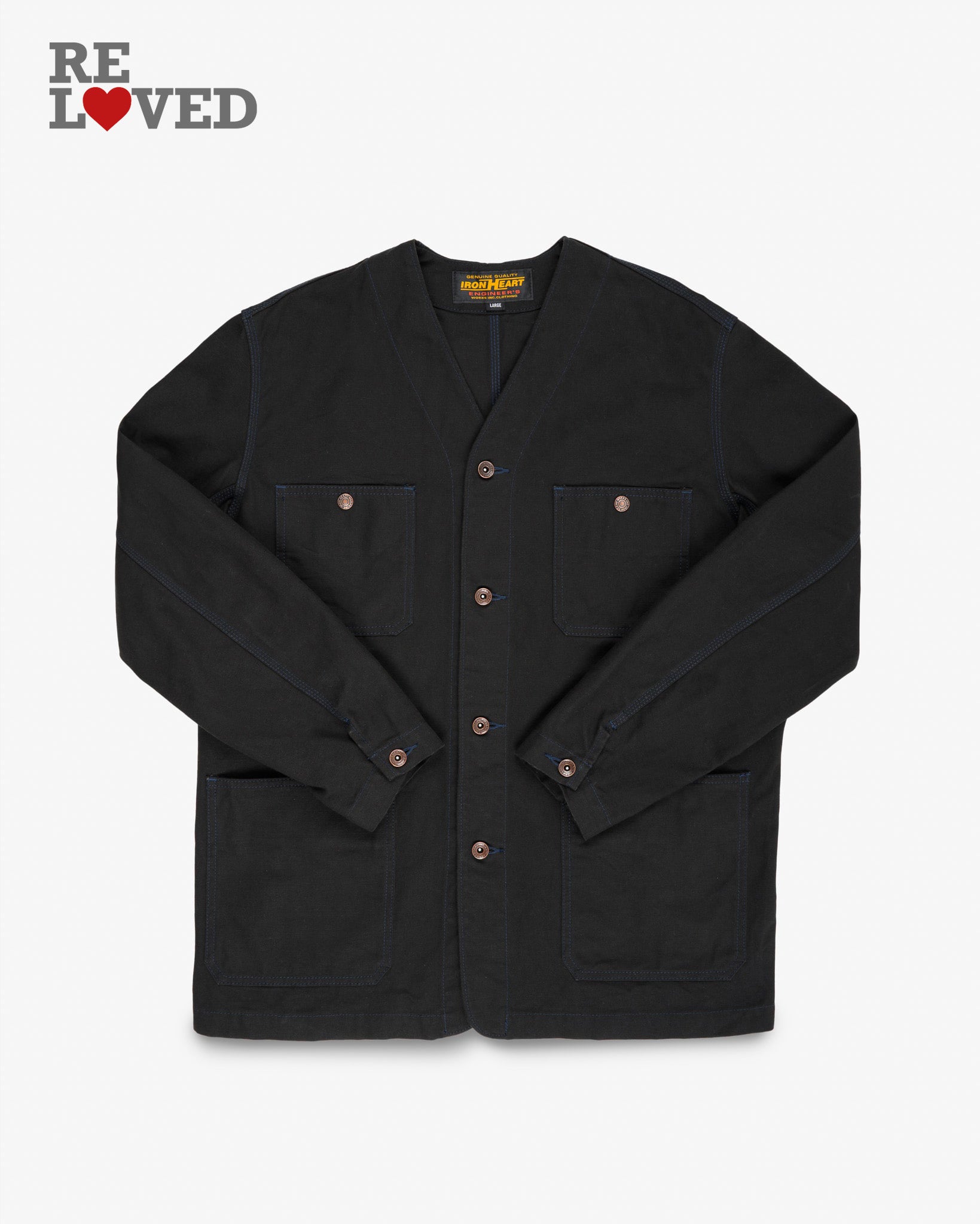 13.5oz Duck Collarless Chore Jacket - Black (IHJ-159-BLK) Size Large