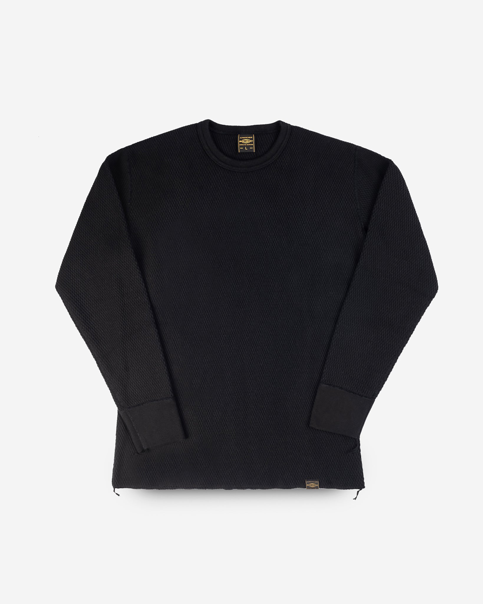 Cotton Knit Crew Neck Long Sleeved Thermal Sweater - Black
